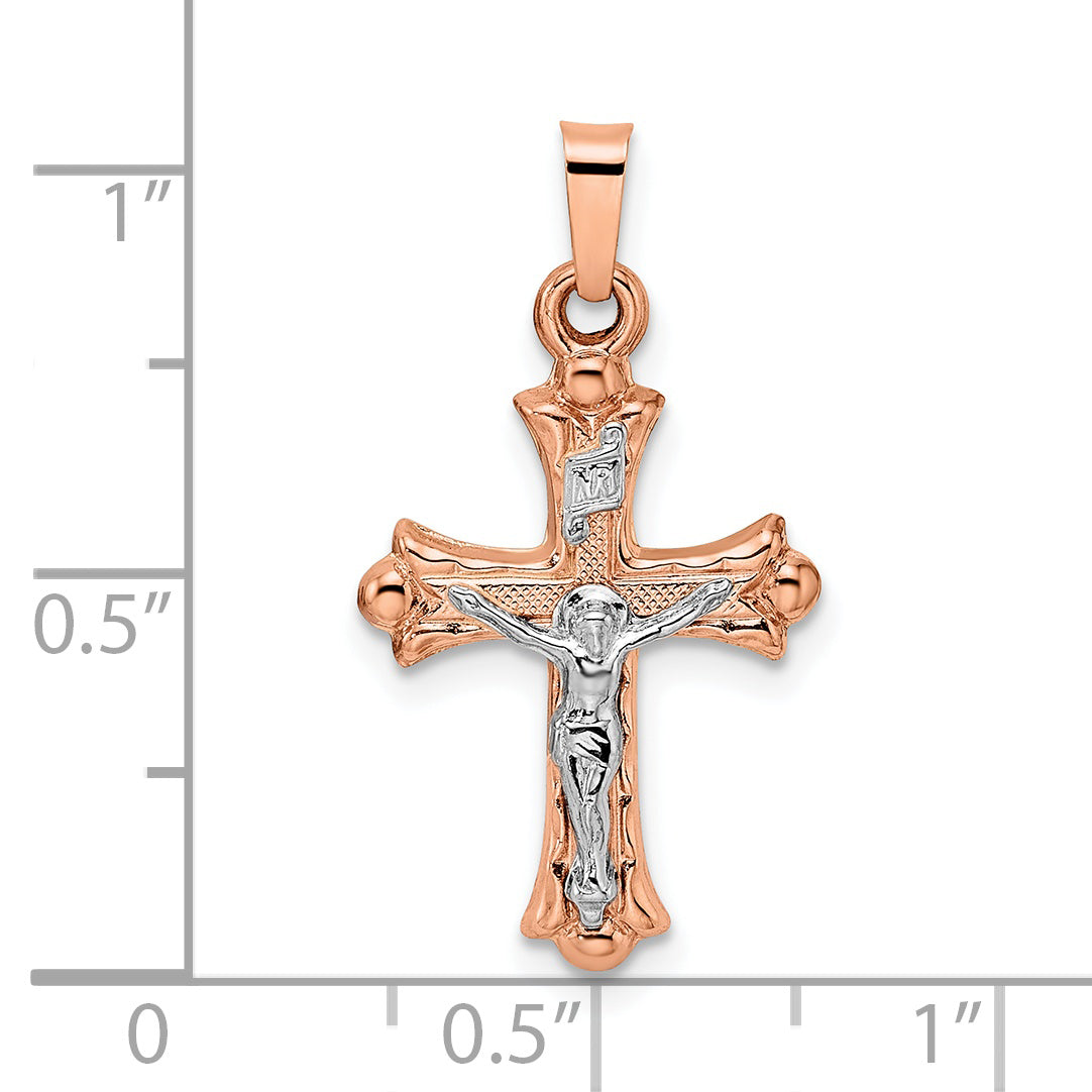 14k Rose and White Gold Polished Fleur de Lis INRI Hollow Crucifix