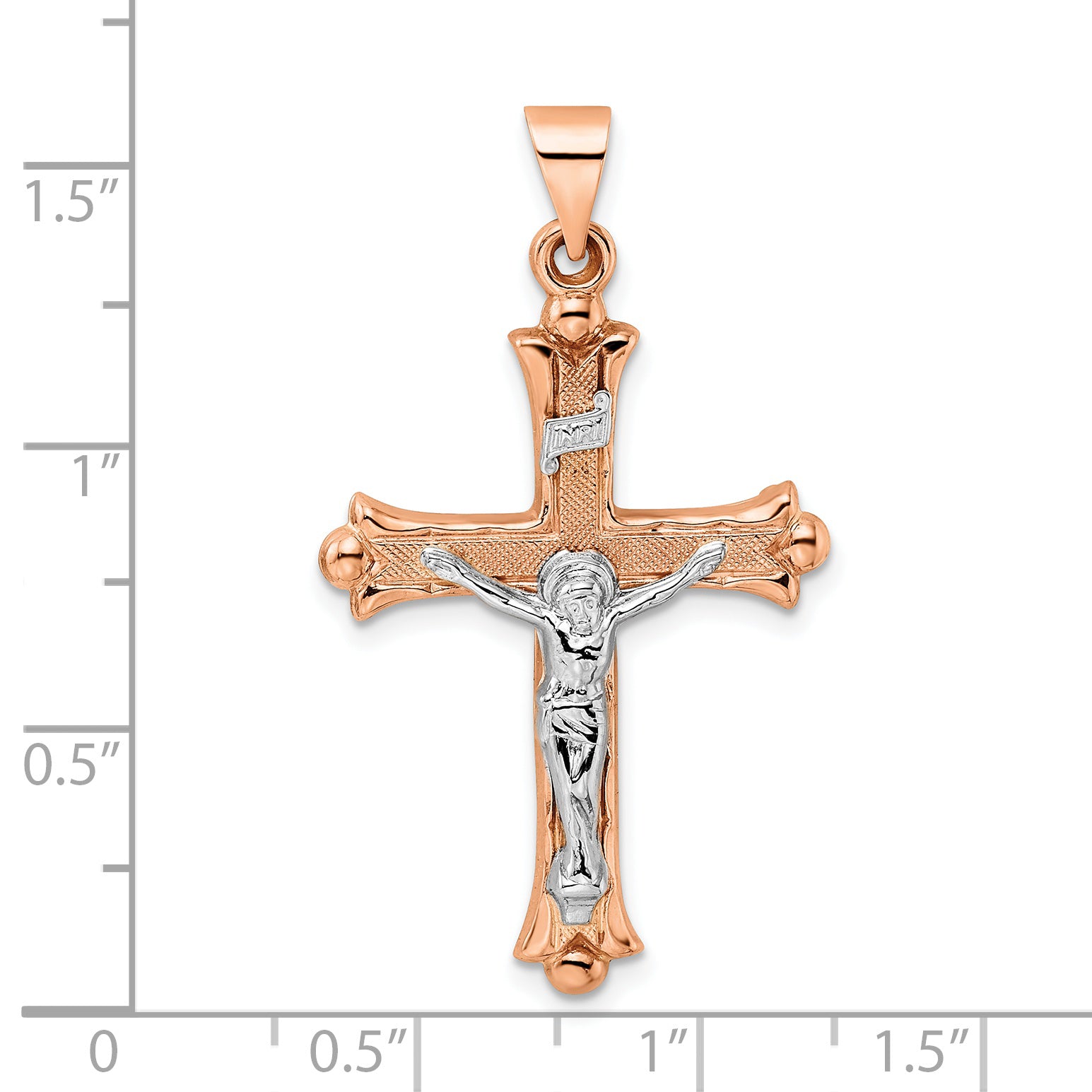 14k Rose and White Gold Polished Fleur de Lis INRI Hollow Crucifix