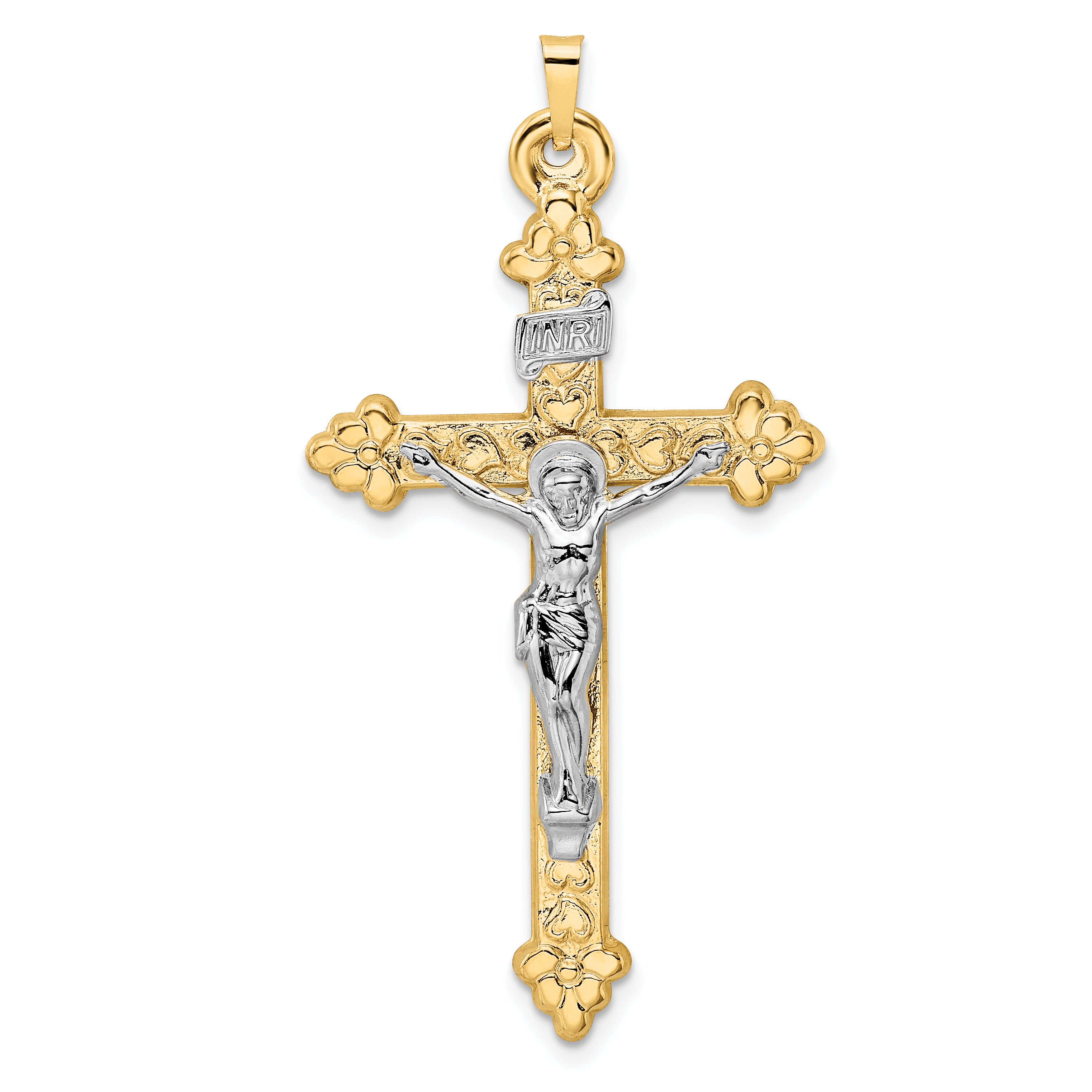 14k Two-tone Polished Hollow INRI Budded Crucifix Pendant