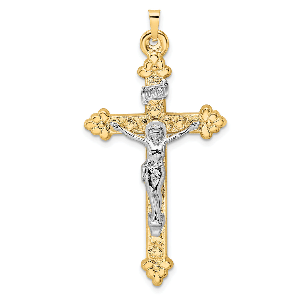 14k Two-tone Polished Hollow INRI Budded Crucifix Pendant