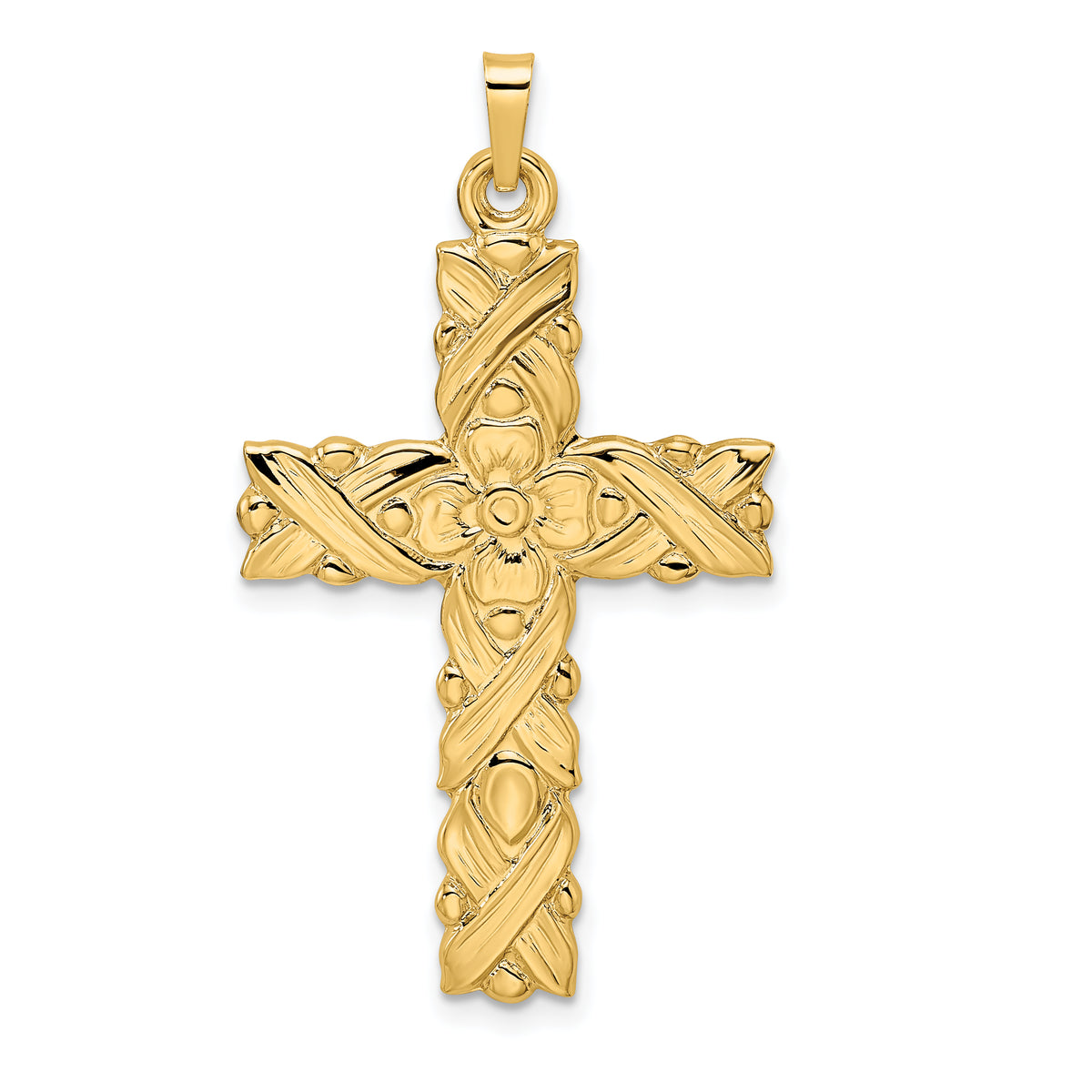 14k Polished and Textured Floral Solid Cross Pendant