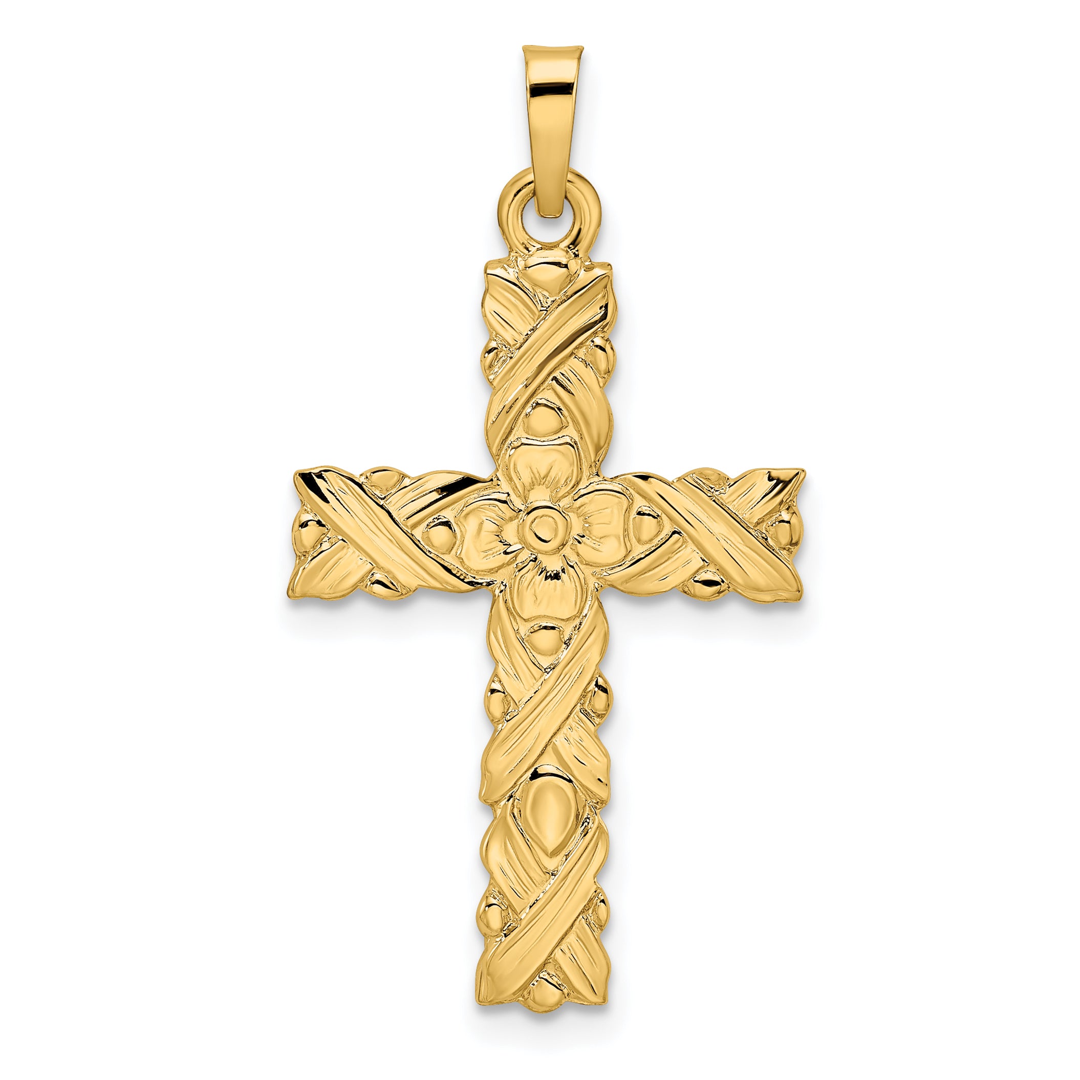 14k Polished and Textured Solid Floral Cross Pendant