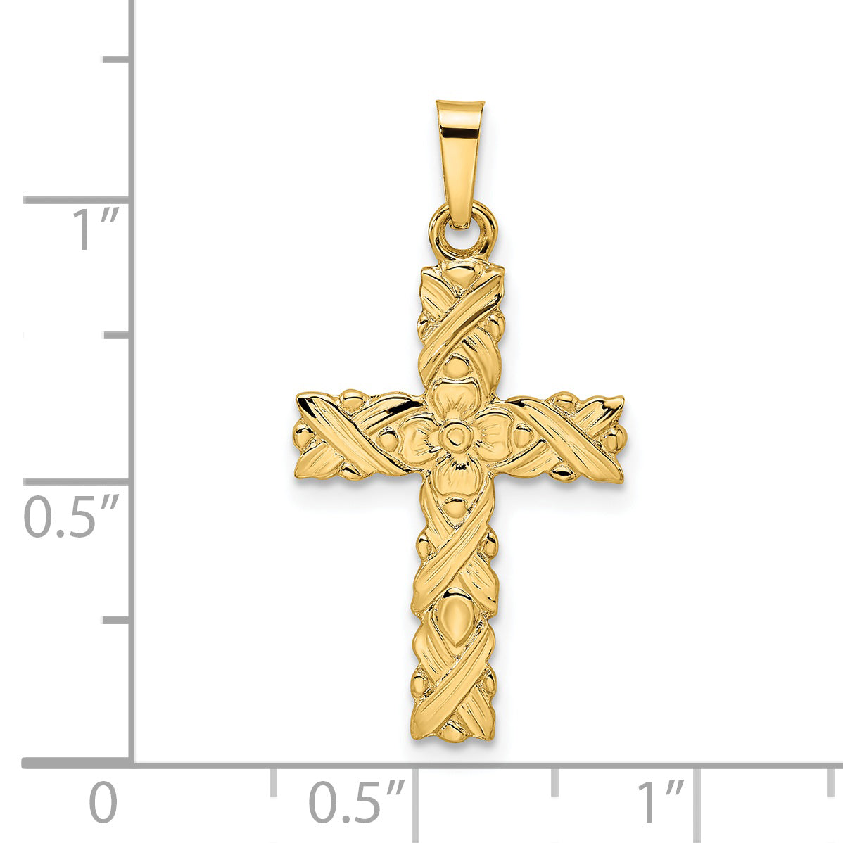 14k Polished and Textured Solid Floral Cross Pendant