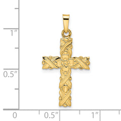 14k Polished and Textured Solid Floral Cross Pendant