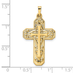 14k Polished and Textured Hollow Scroll Design Double Cross Pendant