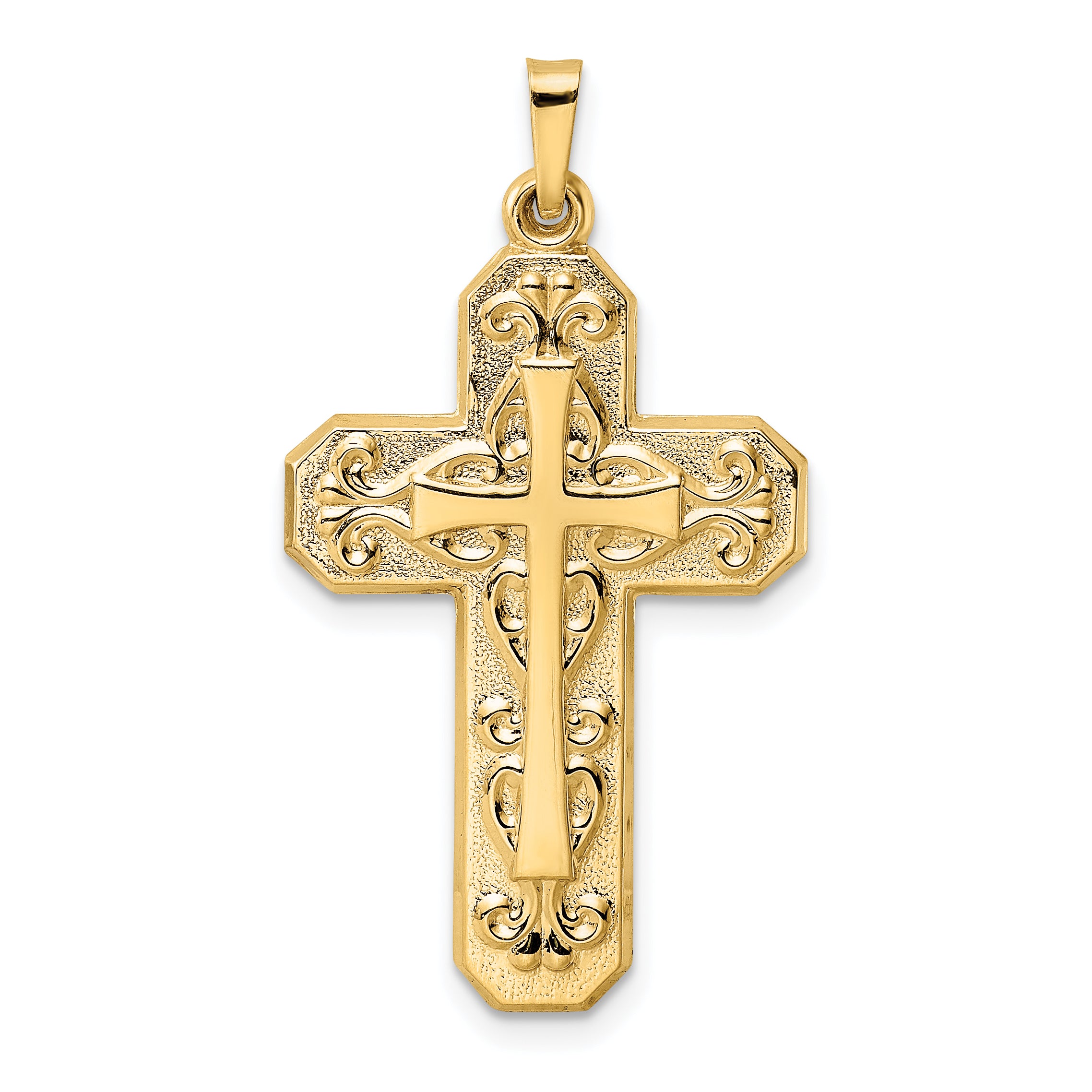 14k Polished and Textured Hollow Scroll Design Double Cross Pendant