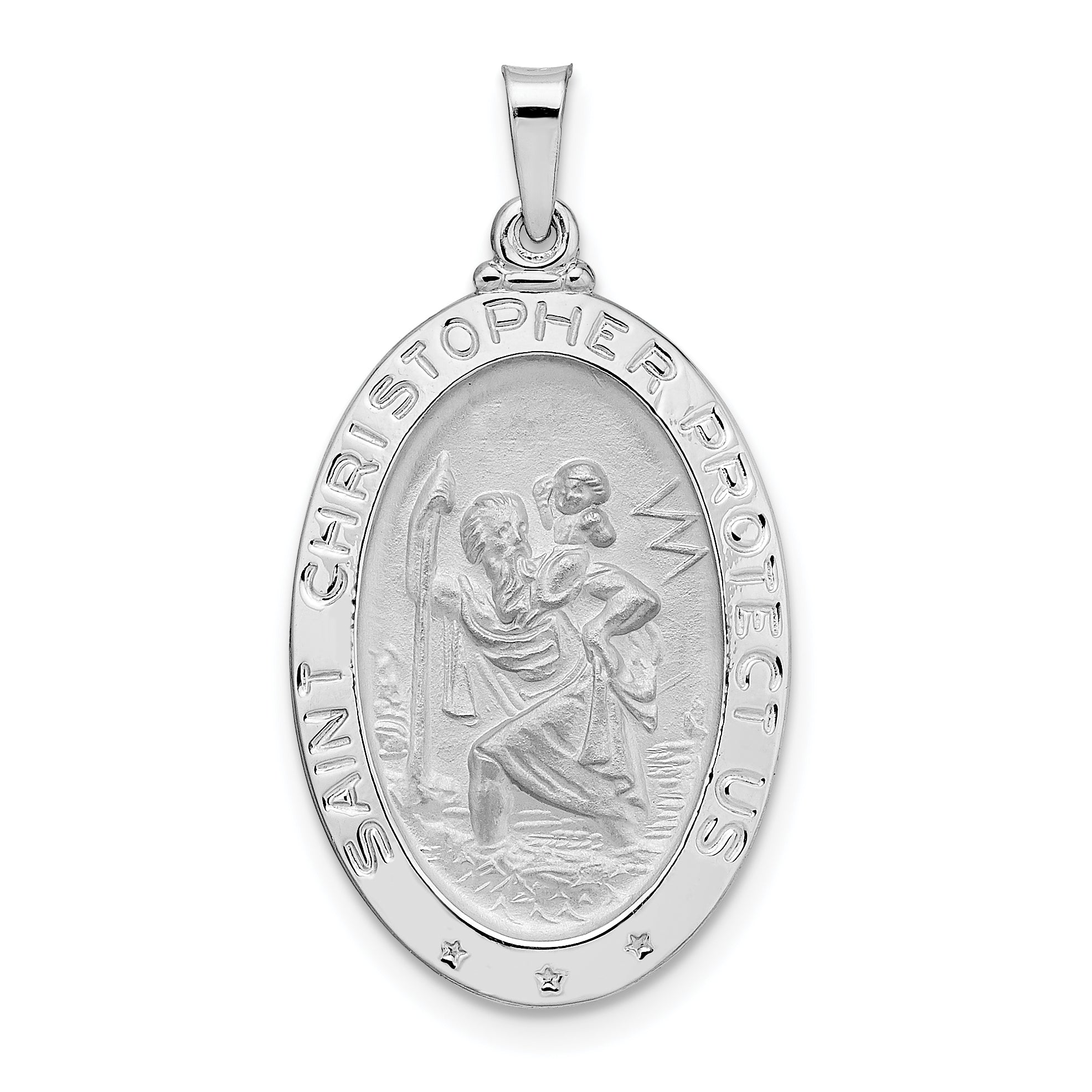 14k White Gold Polished Oval Solid Saint Christopher Medal Pendant