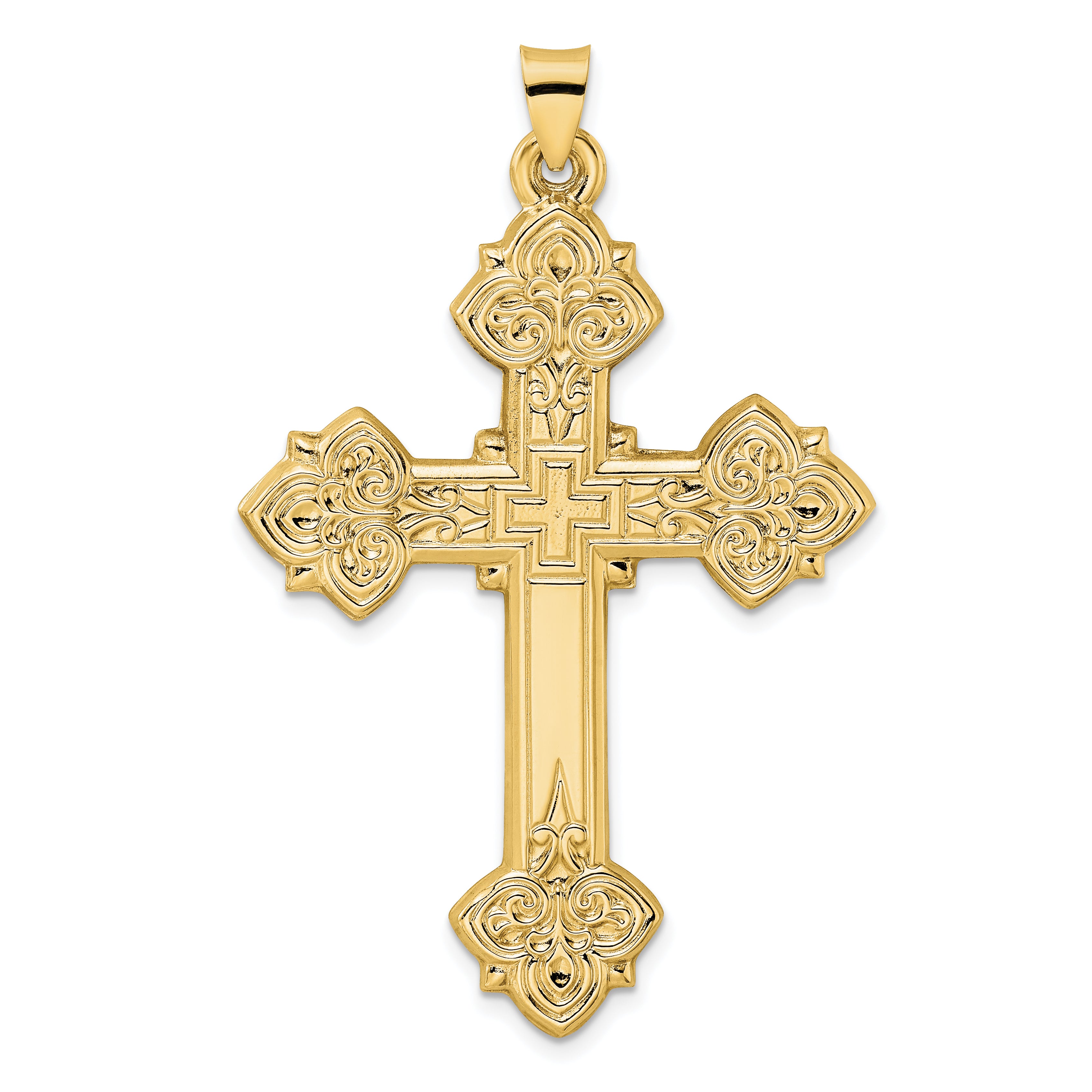 14k Polished Hollow Fancy Fleur de Lis Cross Pendant