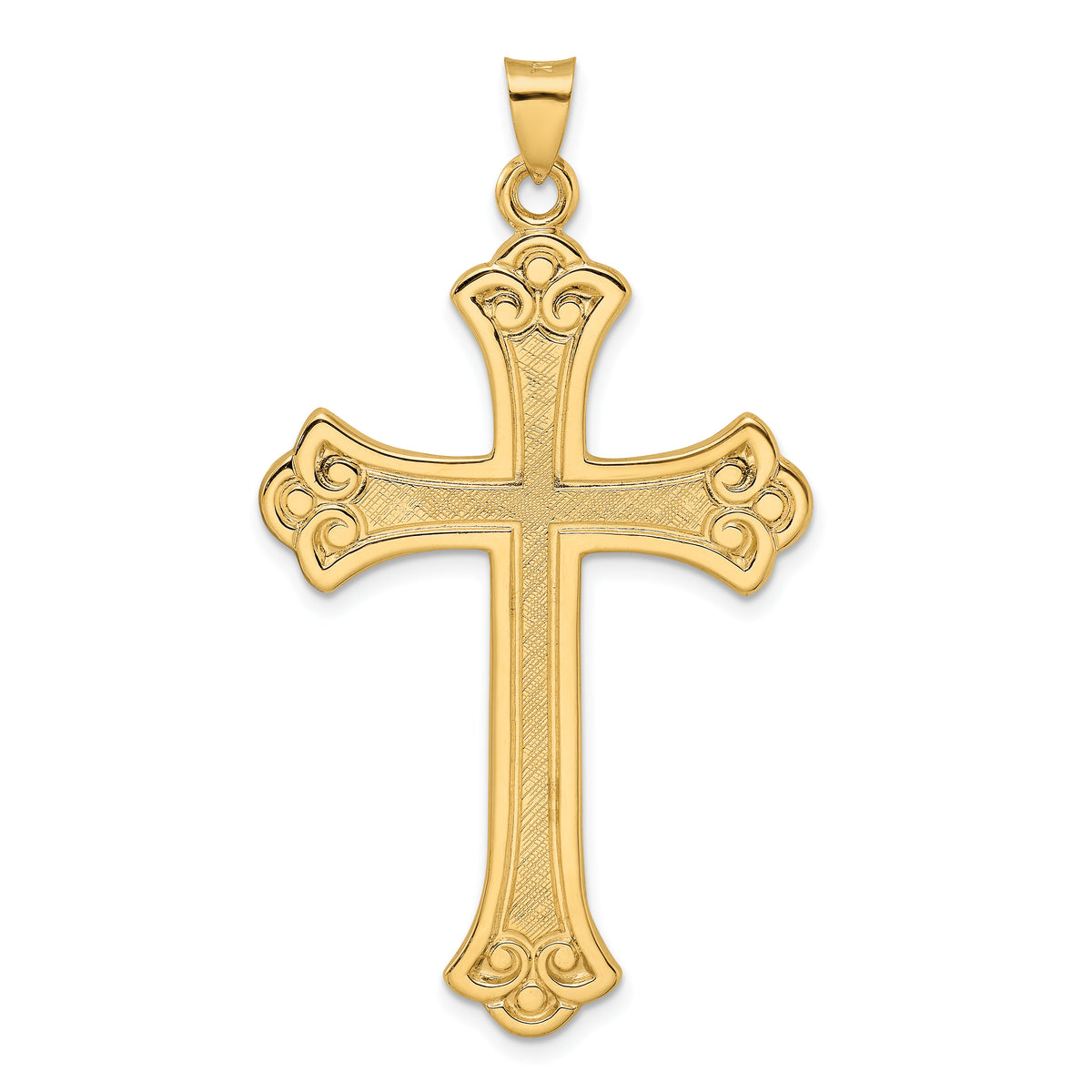 14k Polished and Textured Solid Fleur de Lis Cross Pendant