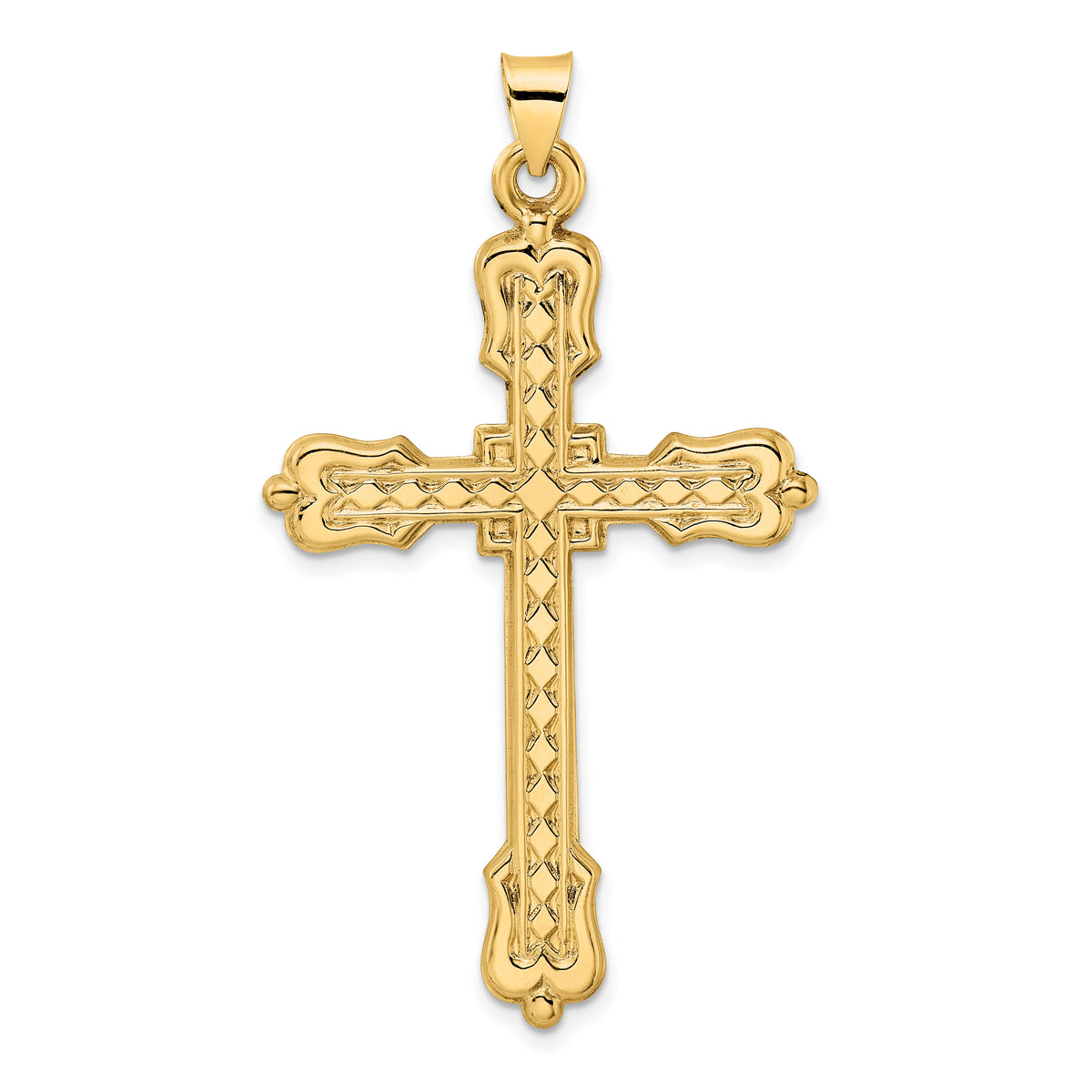 14k Polished Diamond Pattern Hollow Cross Pendant