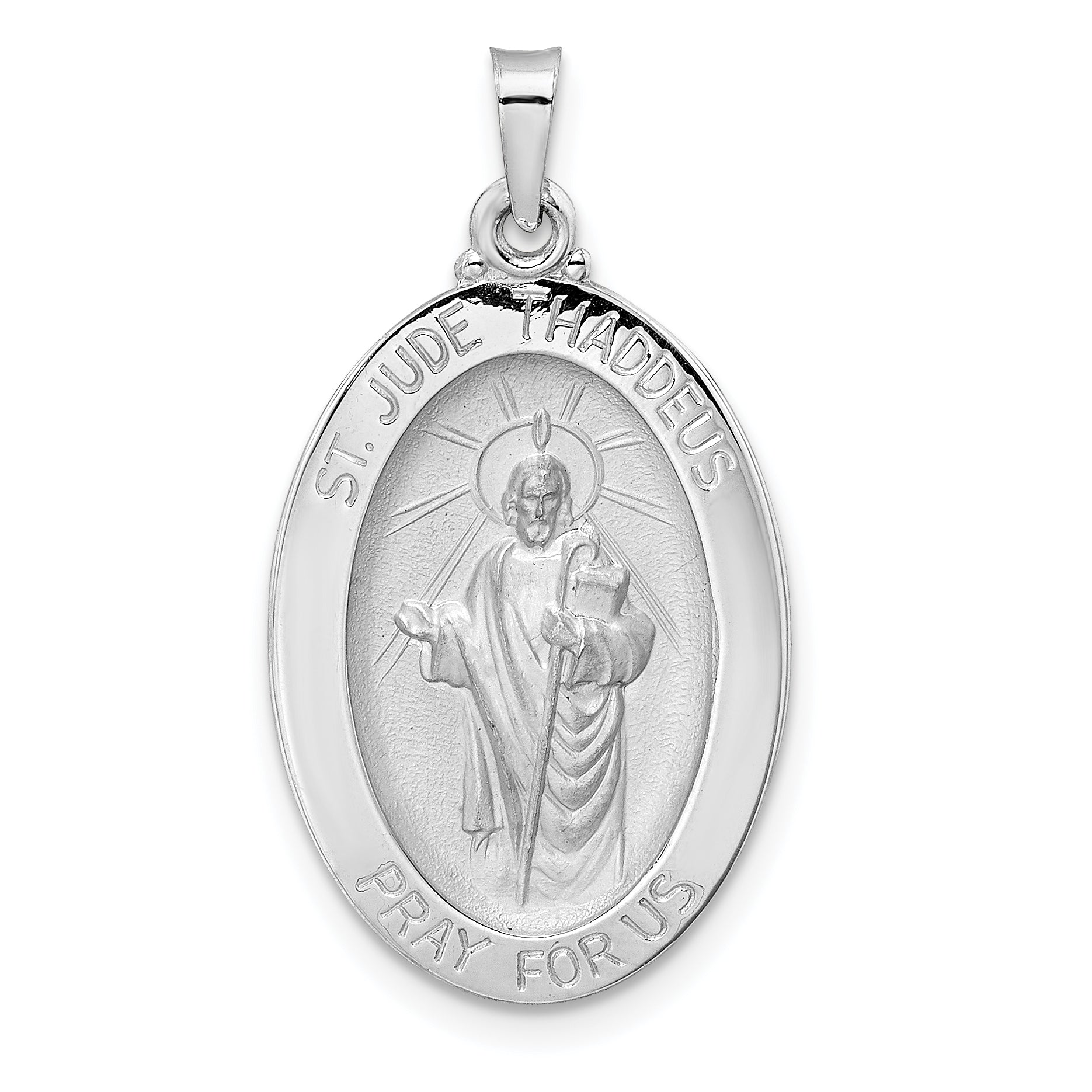 14k White Gold Polished St Jude Oval Solid Medal Pendant