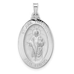 14k White Gold Polished St Jude Oval Solid Medal Pendant