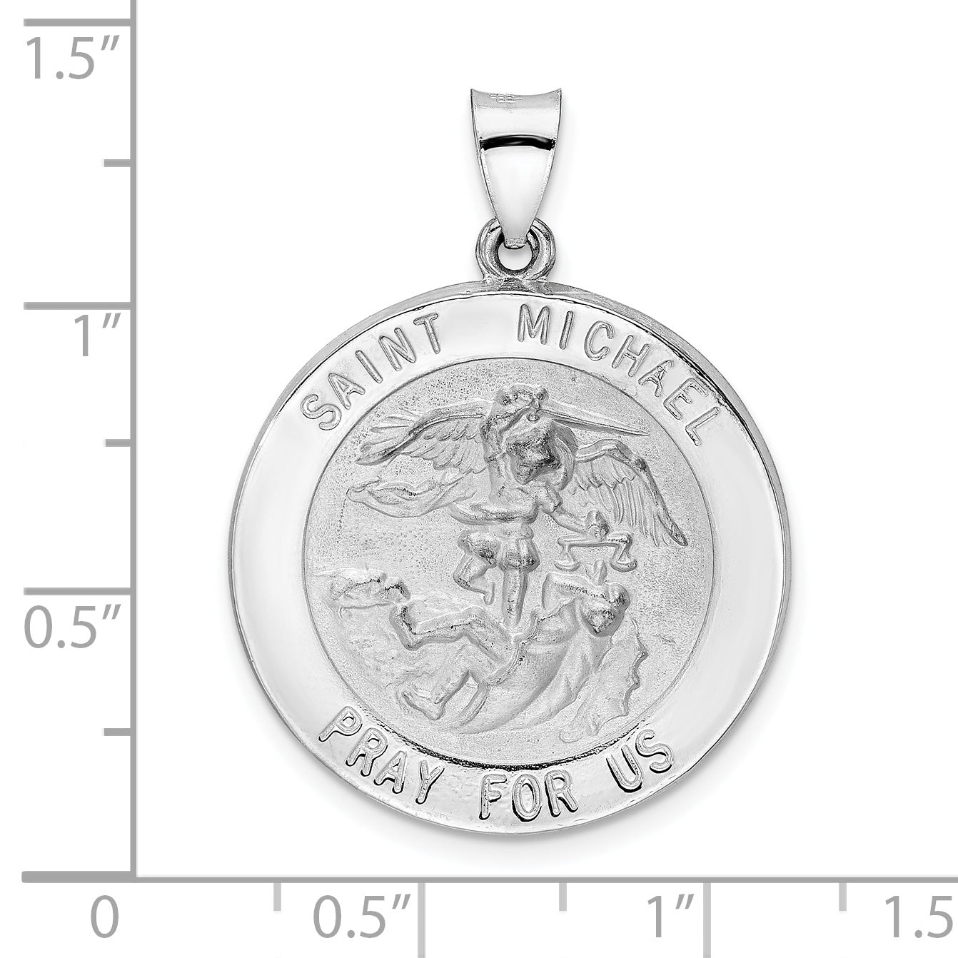 14k White Gold Polished and Satin Hollow St Michael Medal Pendant