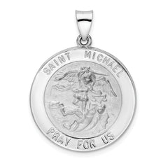 14k White Gold Polished and Satin Hollow St Michael Medal Pendant