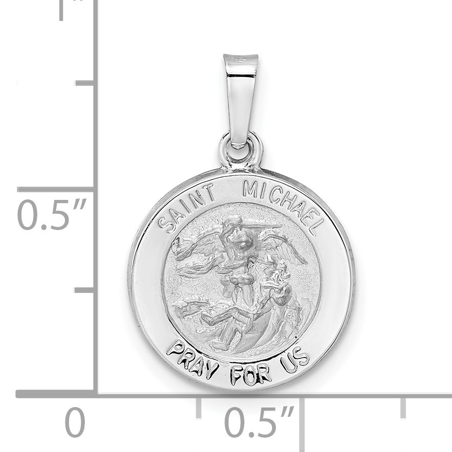 14k White Gold Polished and Satin Hollow St Michael Medal Pendant