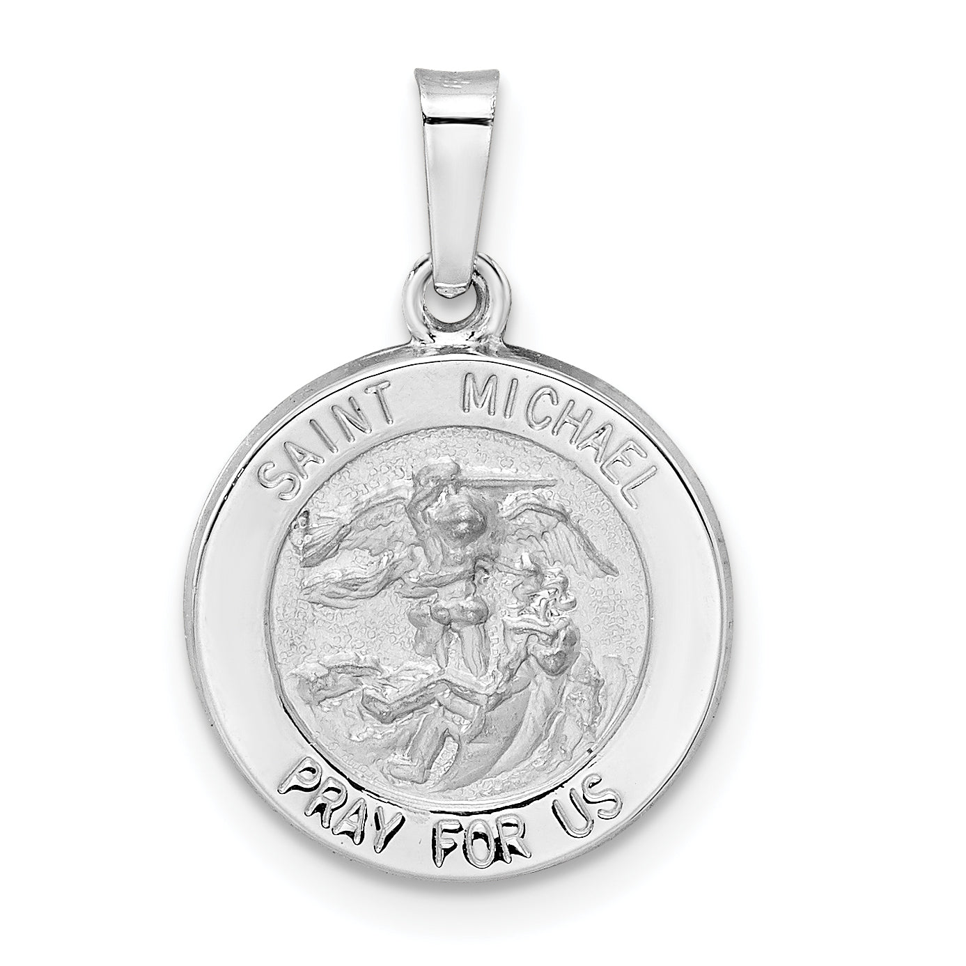 14k White Gold Polished and Satin Hollow St Michael Medal Pendant