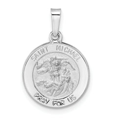 14k White Gold Polished and Satin Hollow St Michael Medal Pendant