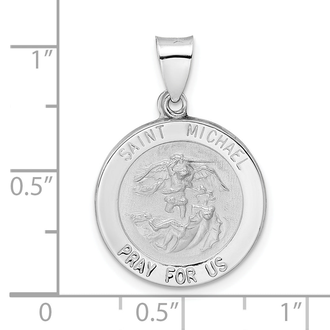 14k White Gold Polished and Satin Hollow St Michael Medal Pendant