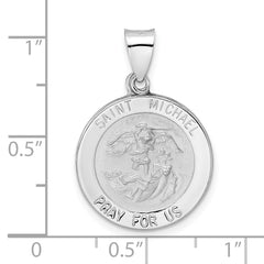 14k White Gold Polished and Satin Hollow St Michael Medal Pendant