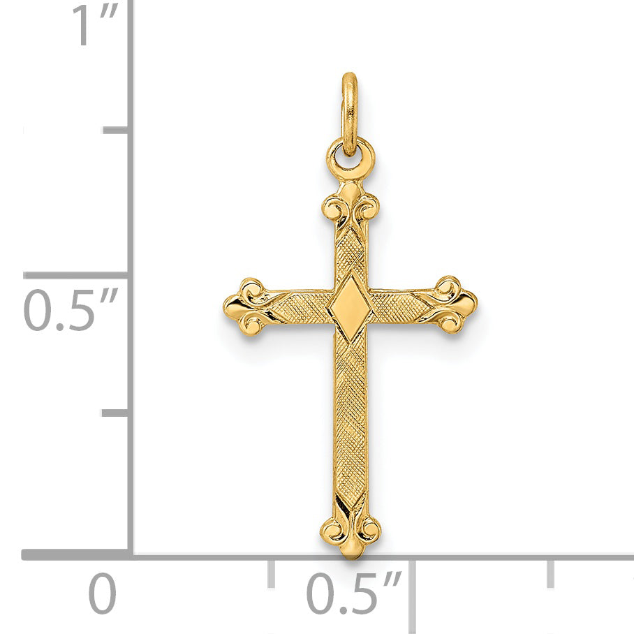 14k Polished and Textured Solid Diamond Shape Cross Pendant