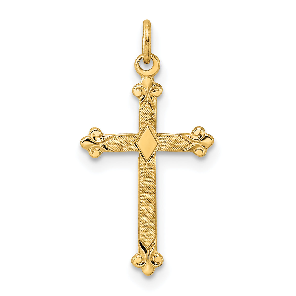 14k Polished and Textured Solid Diamond Shape Cross Pendant