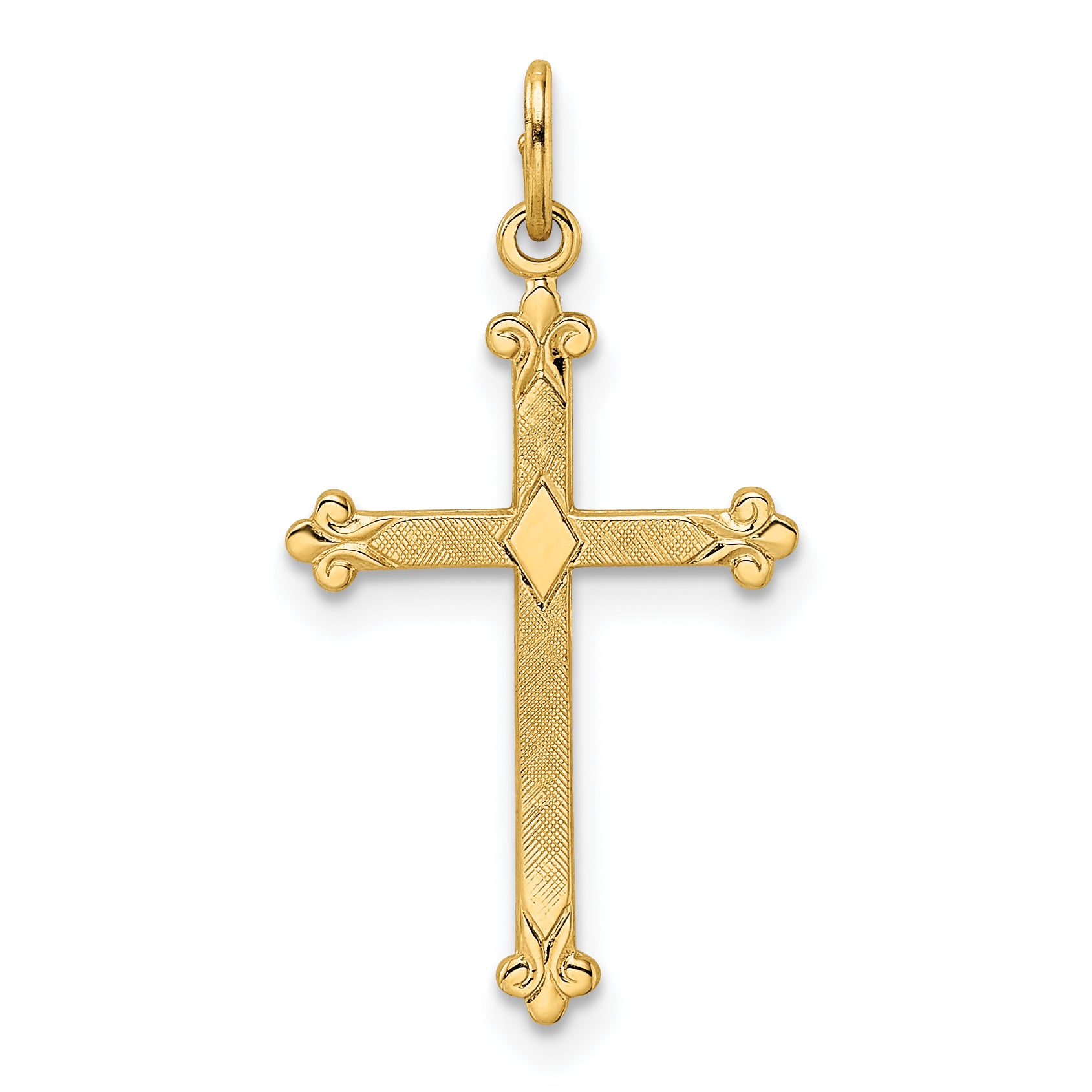 14k Polished and Textured Solid Diamond Shape Cross Pendant