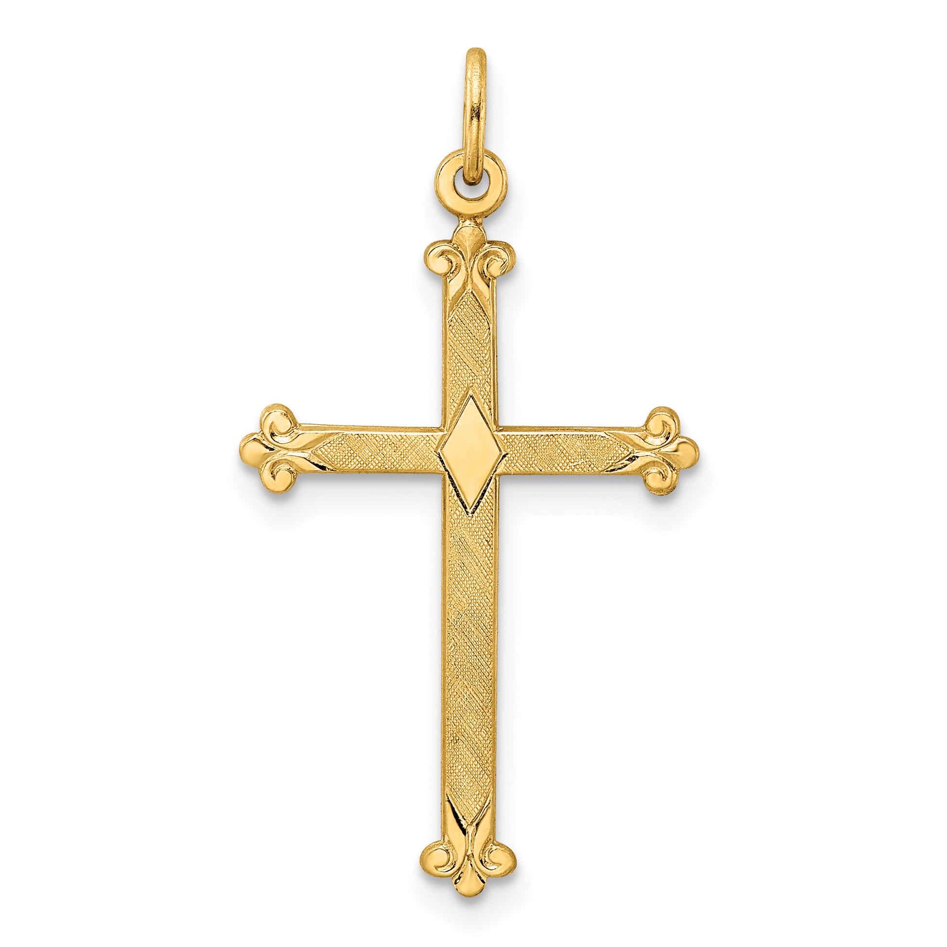 14k Polished and Textured Solid Diamond Shape Cross Pendant