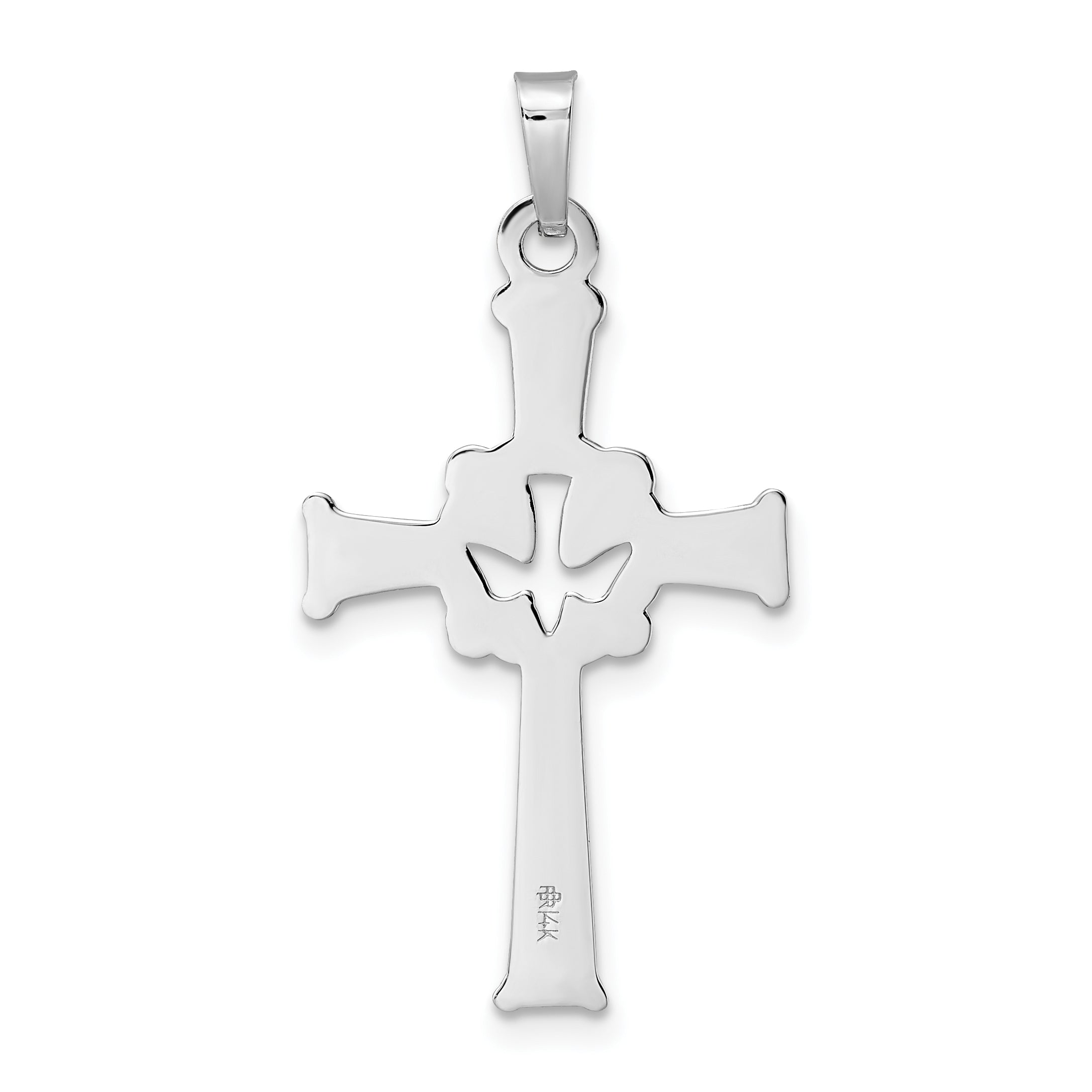 14k White Gold Polished Cut Out Solid Dove Cross Pendant