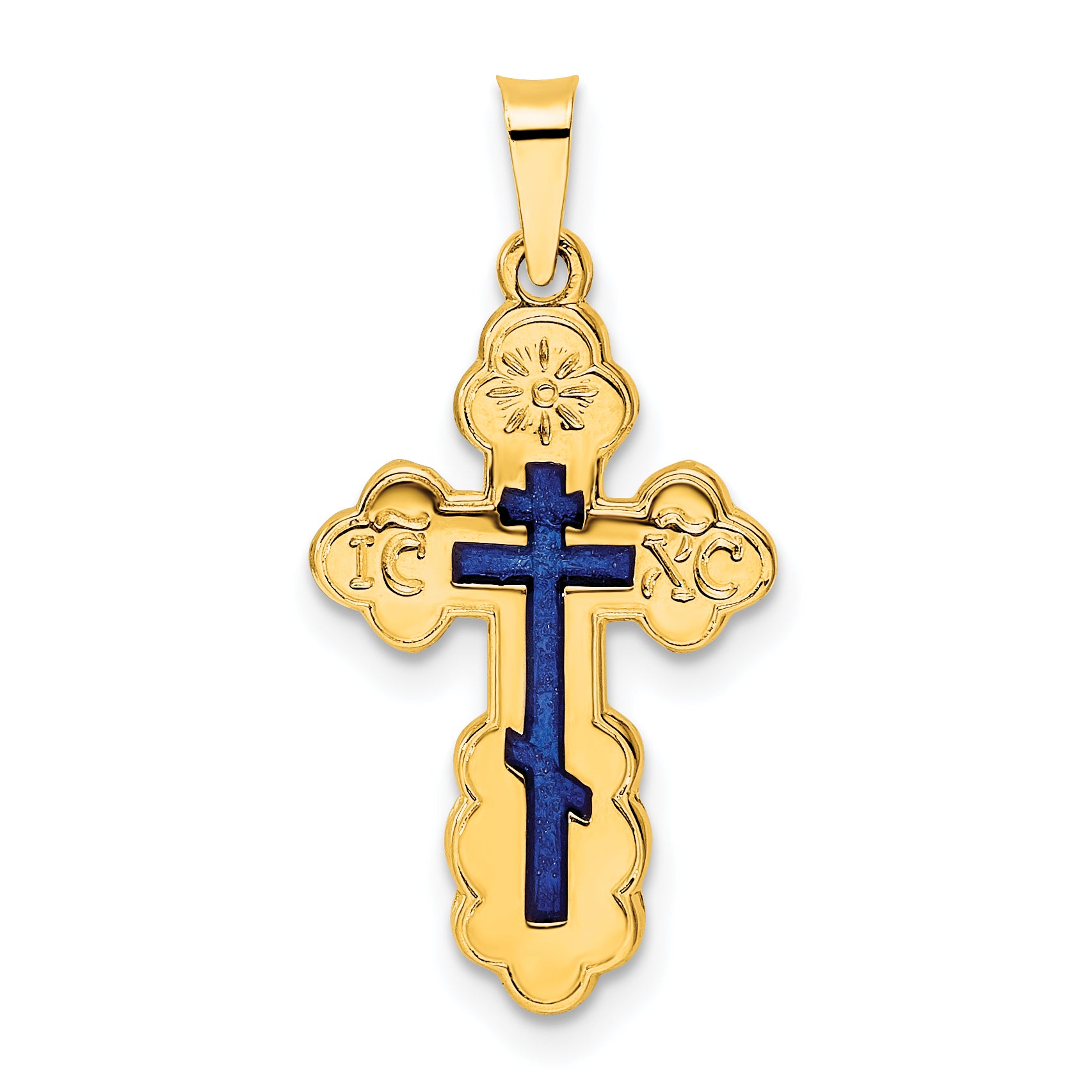 14k Polished Eastern Orthodox Blue Enamel Solid Cross Pendant