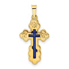 14k Polished Eastern Orthodox Blue Enamel Solid Cross Pendant