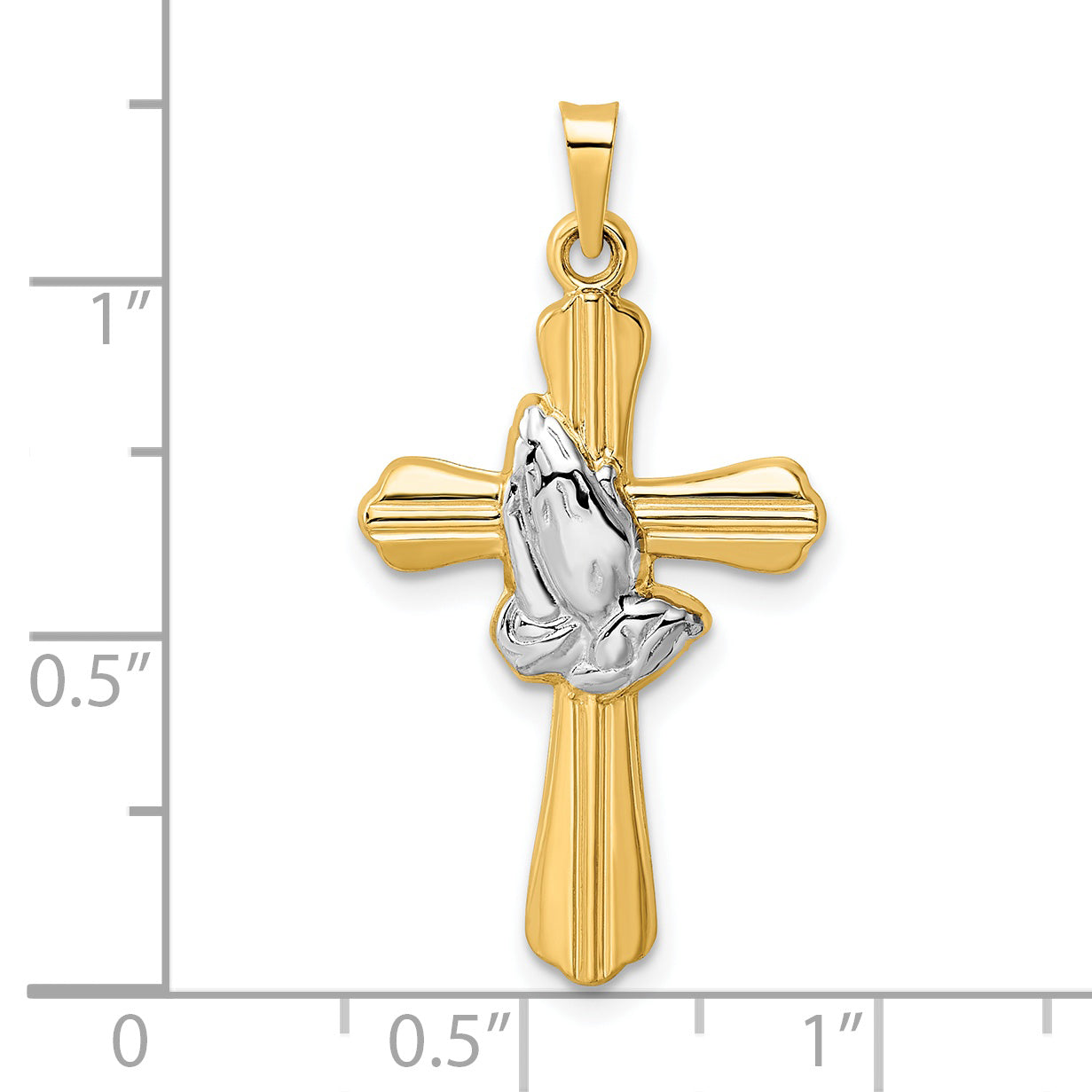 14k w/Rhodium Polished Hollow Praying Hands Cross Pendant