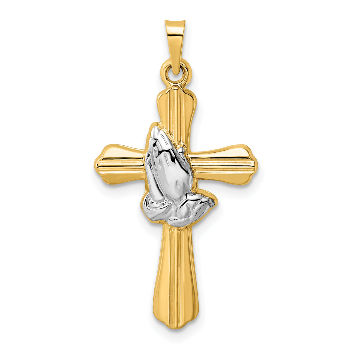 14k w/Rhodium Polished Hollow Praying Hands Cross Pendant