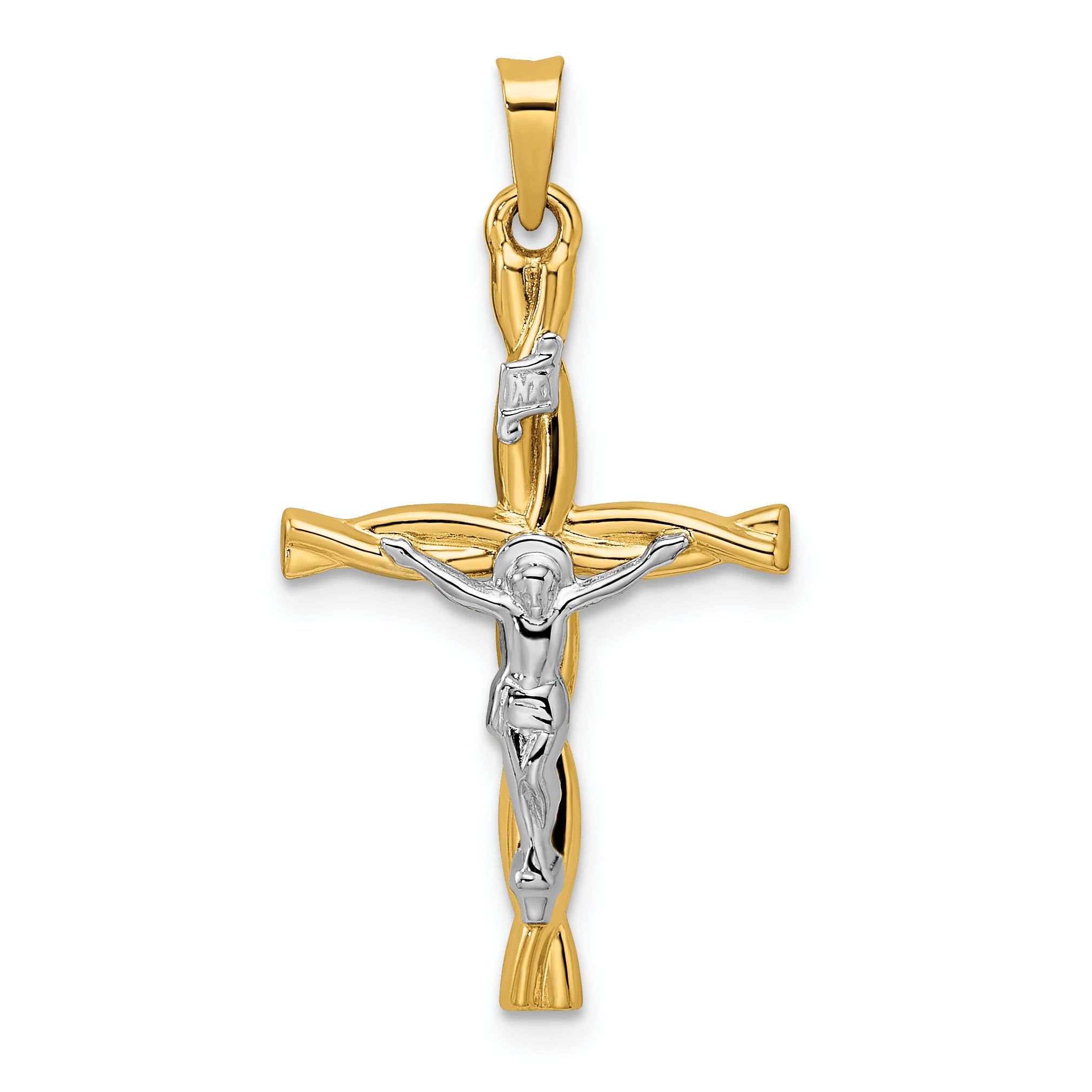 14k Two-tone Polished Hollow INRI Crucifix Twisted Cross Pendant