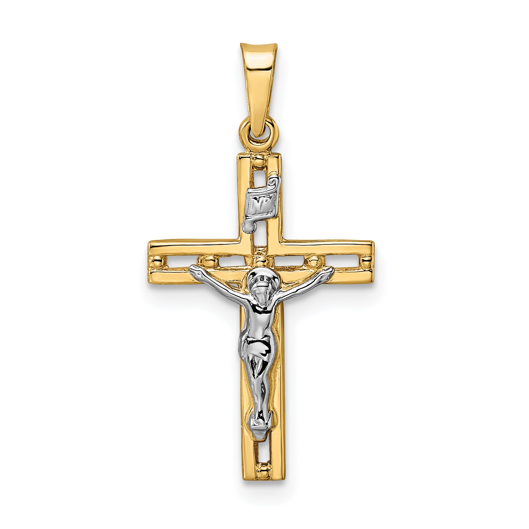 14k Two-tone Polished Solid INRI Crucifix Pendant