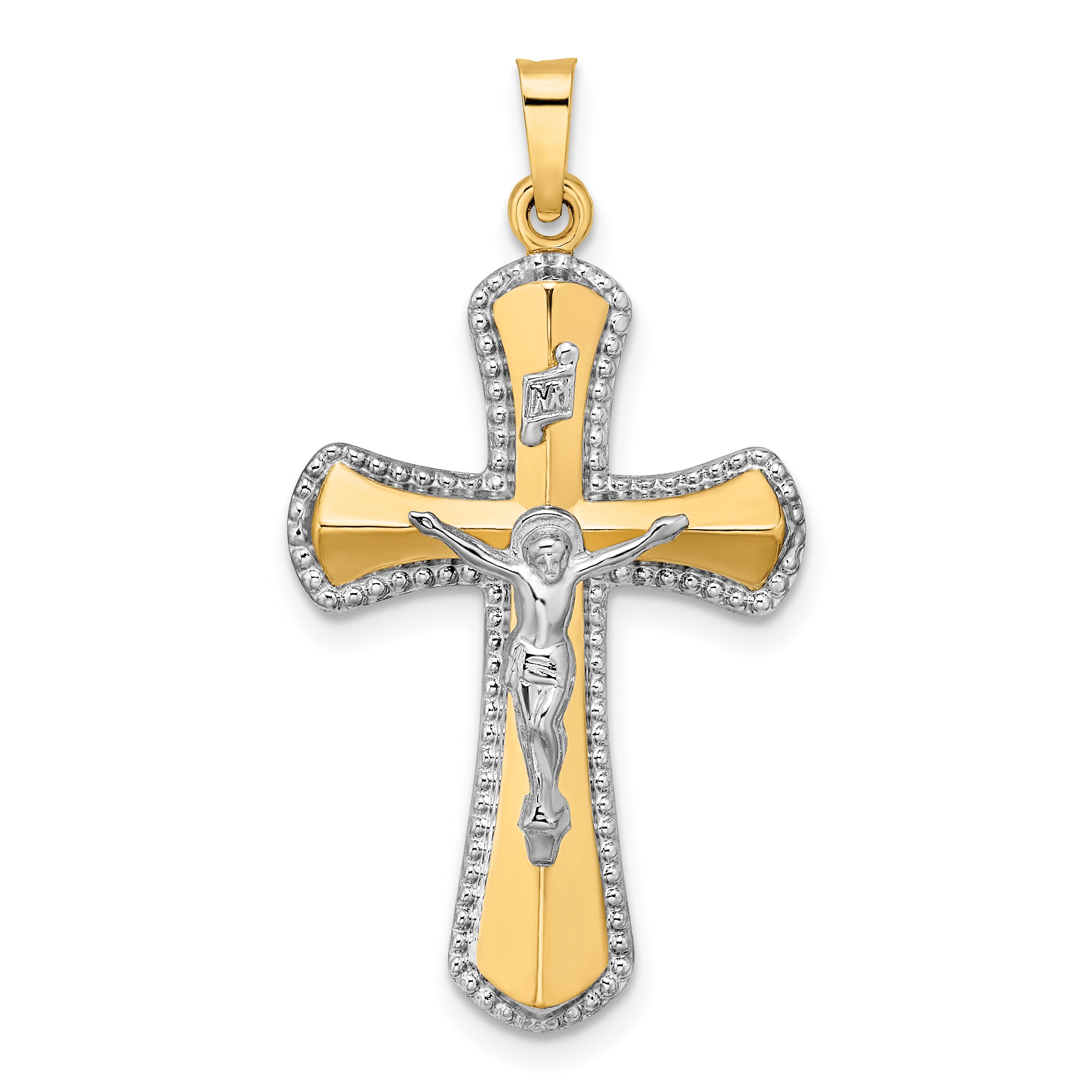 14k Two-tone and White Rhodium Hollow INRI Crucifix Pendant