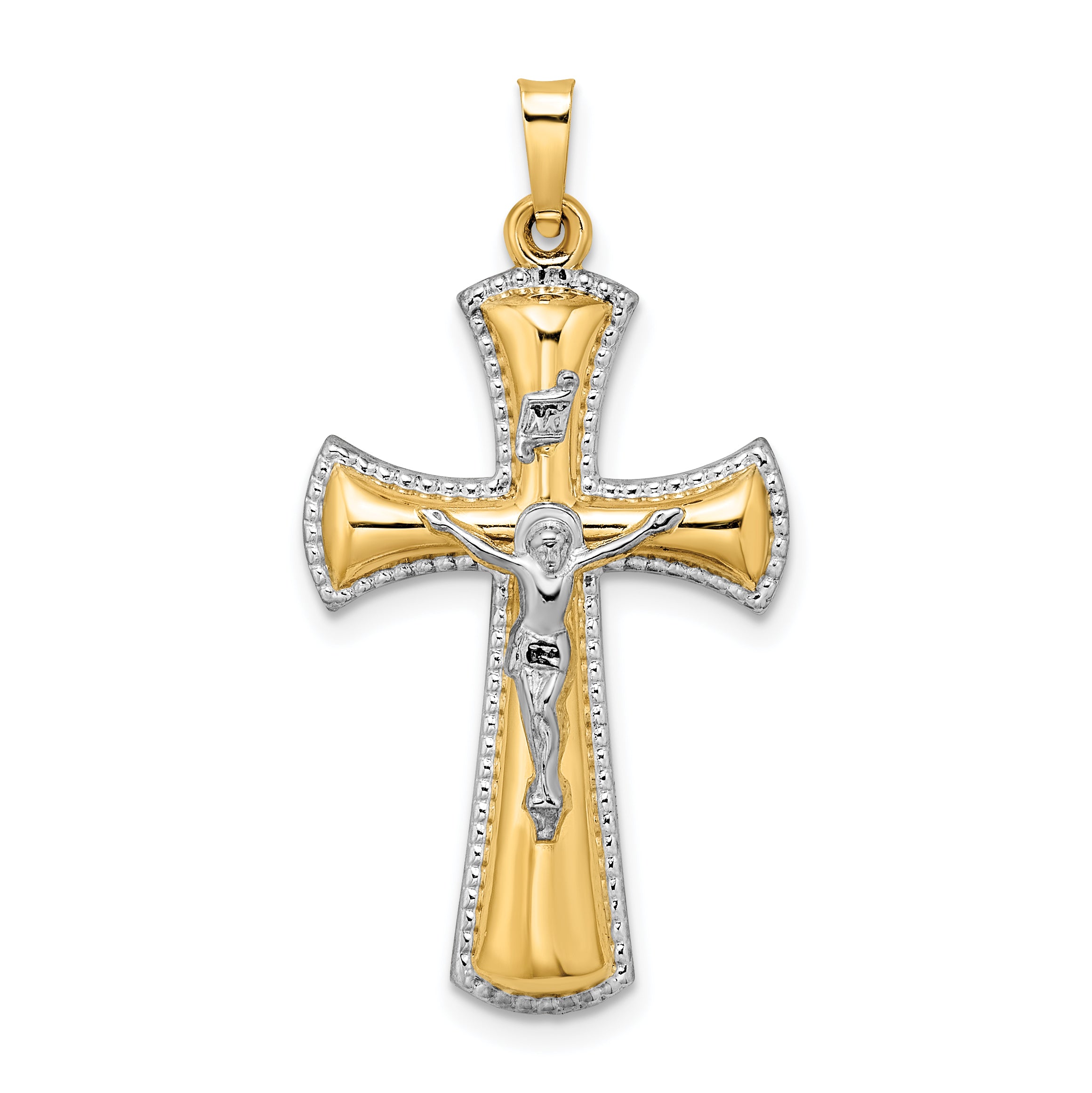 14k Two-tone and White Rhodium Hollow INRI Crucifix Pendant