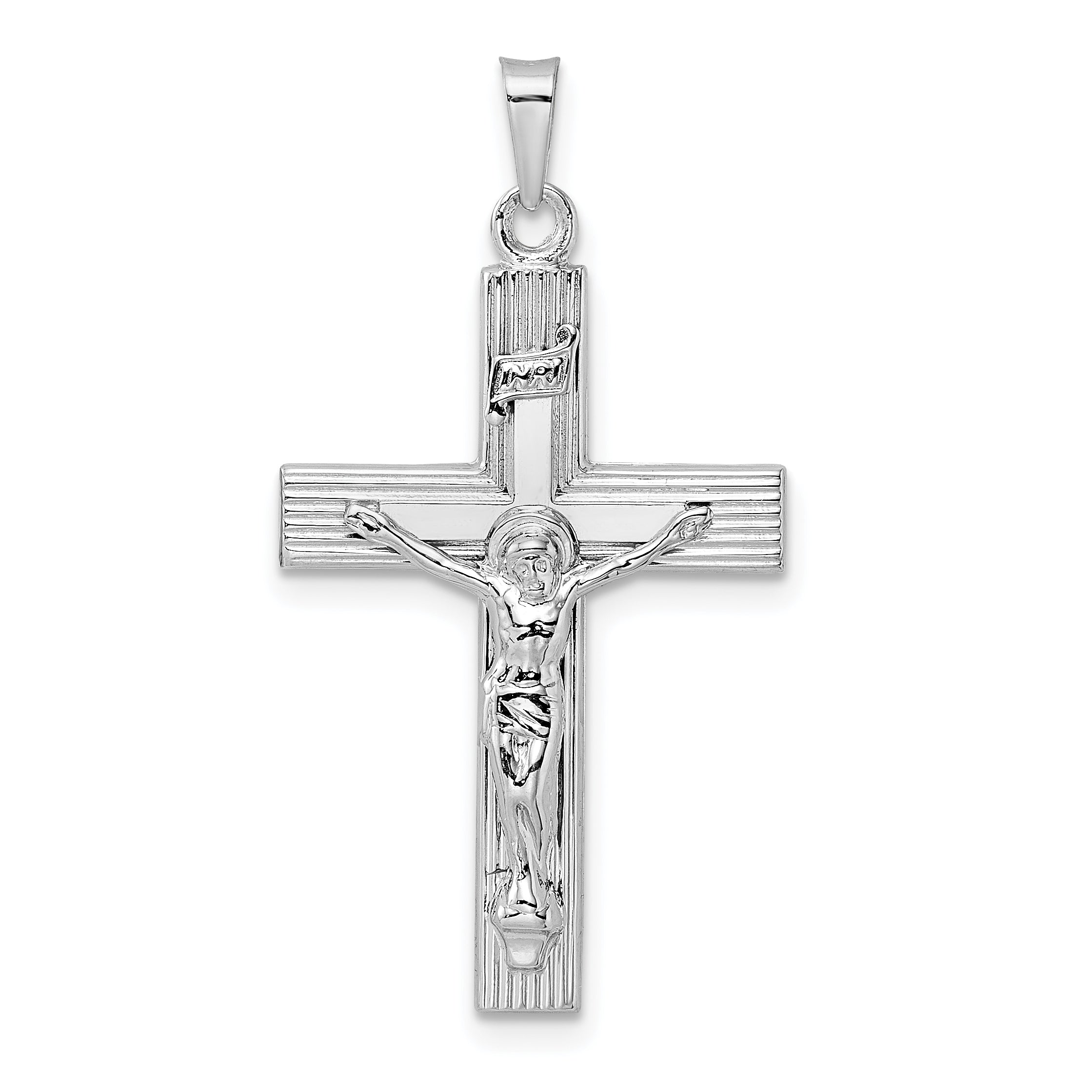 14k White Gold Polished Solid INRI Striped Crucifix Pendant