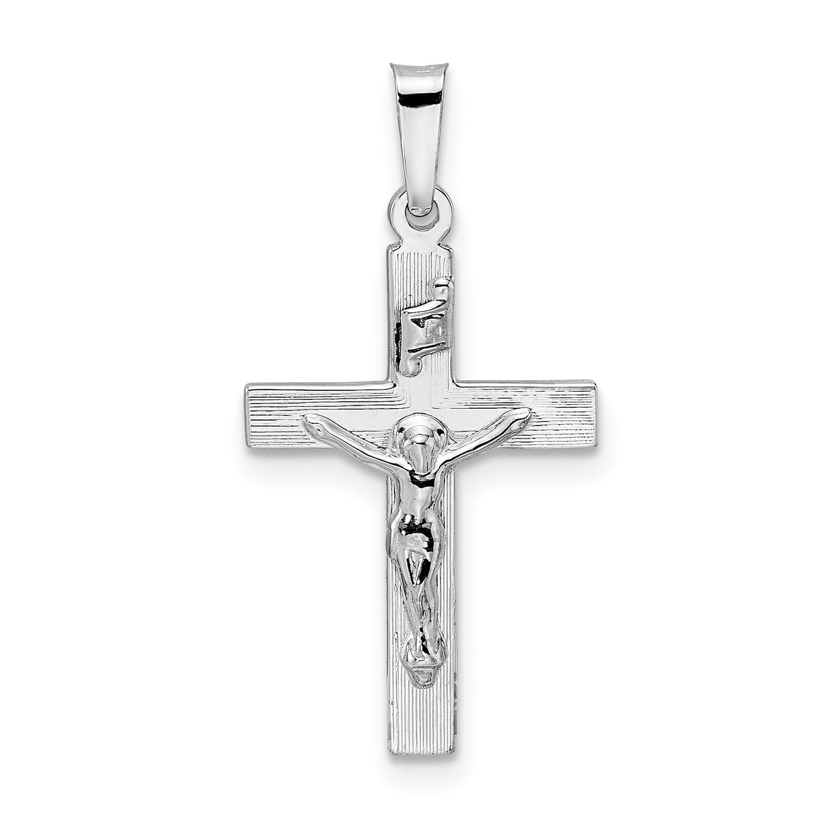 14k White Gold Polished Solid INRI Striped Crucifix Pendant