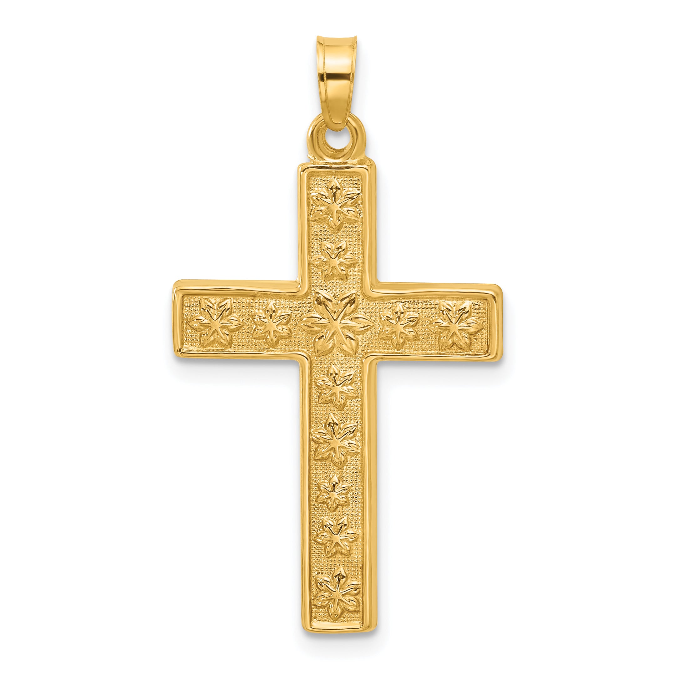 14k Polished and Textured Floral Cross Pendant