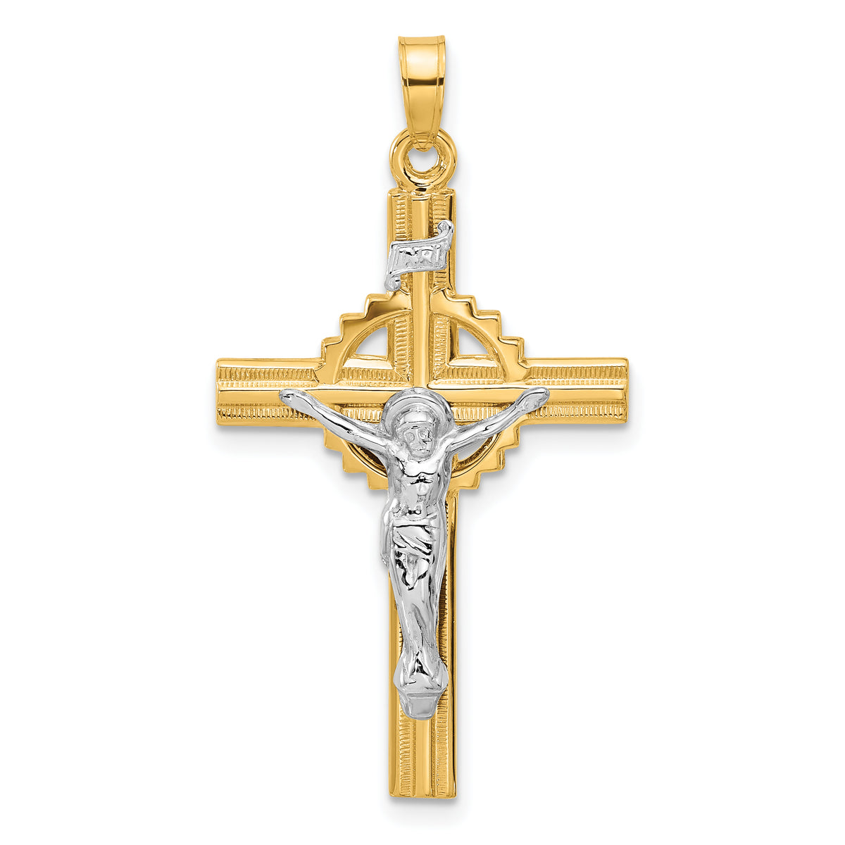 14k Two-Tone Textured Hollow INRI Crucifix Pendent