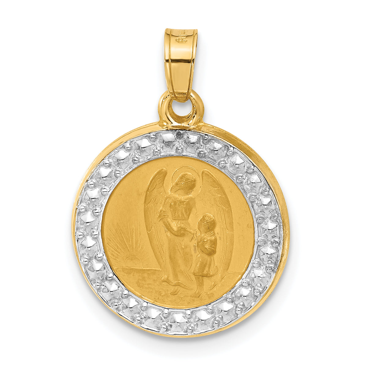 14K and White Rhodium Hollow Our Guardian Angel Medal