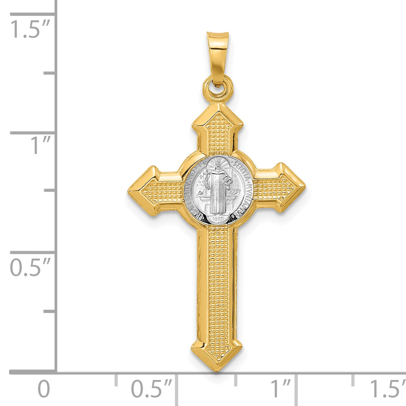 14k Two-tone Textured Hollow Budded St Benedict Cross Pendent