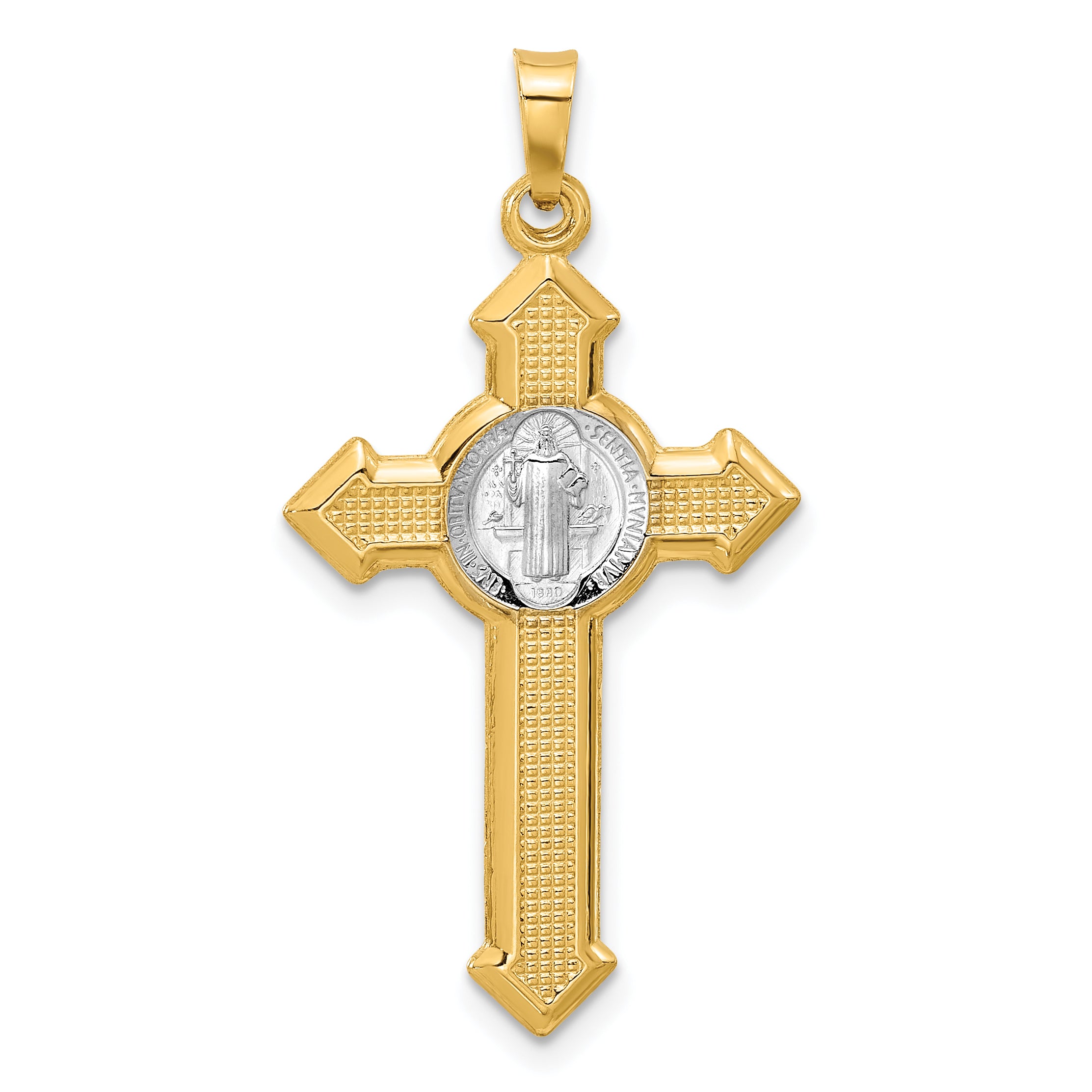 14k Two-tone Textured Hollow Budded St Benedict Cross Pendent