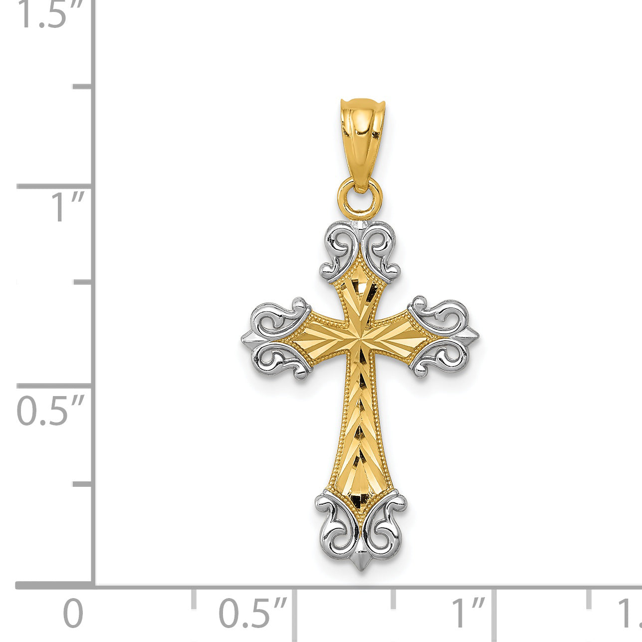 14K and Rhodium Diamond Cut  Cross Pendant