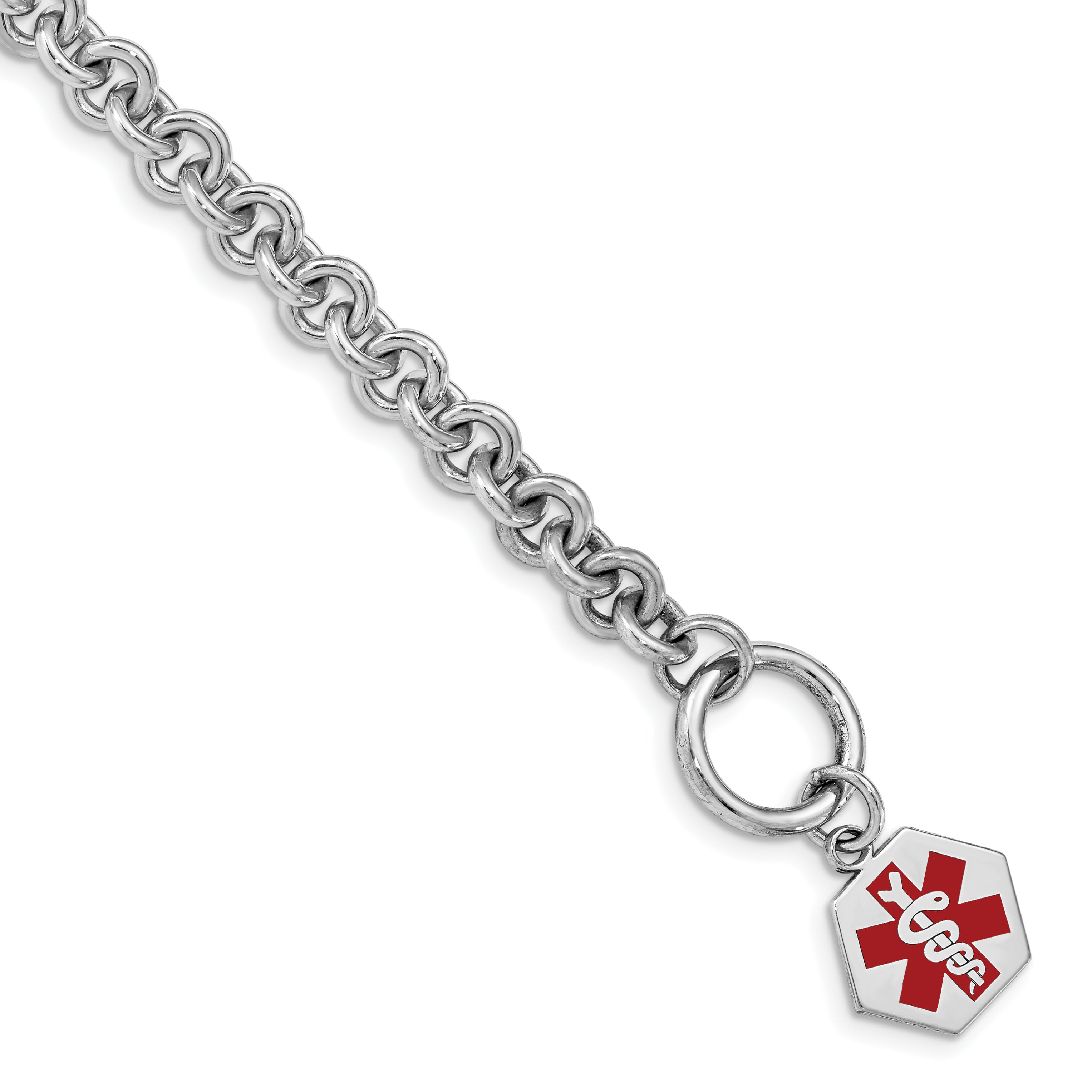 Sterling Silver Rhodium Engraveable Enamel Hexagon Medical ID Bracelet