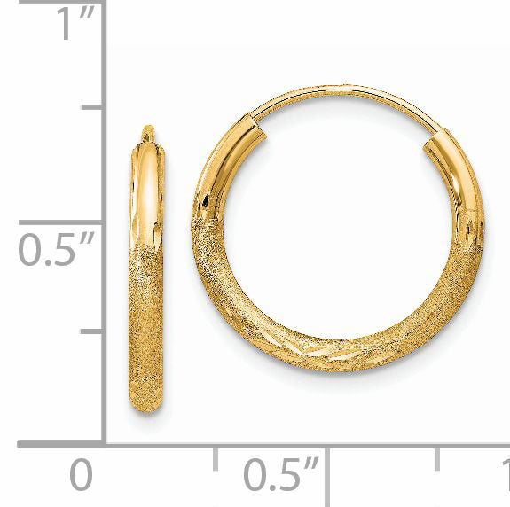 14k 2mm Satin Diamond-cut Endless Hoop Earrings