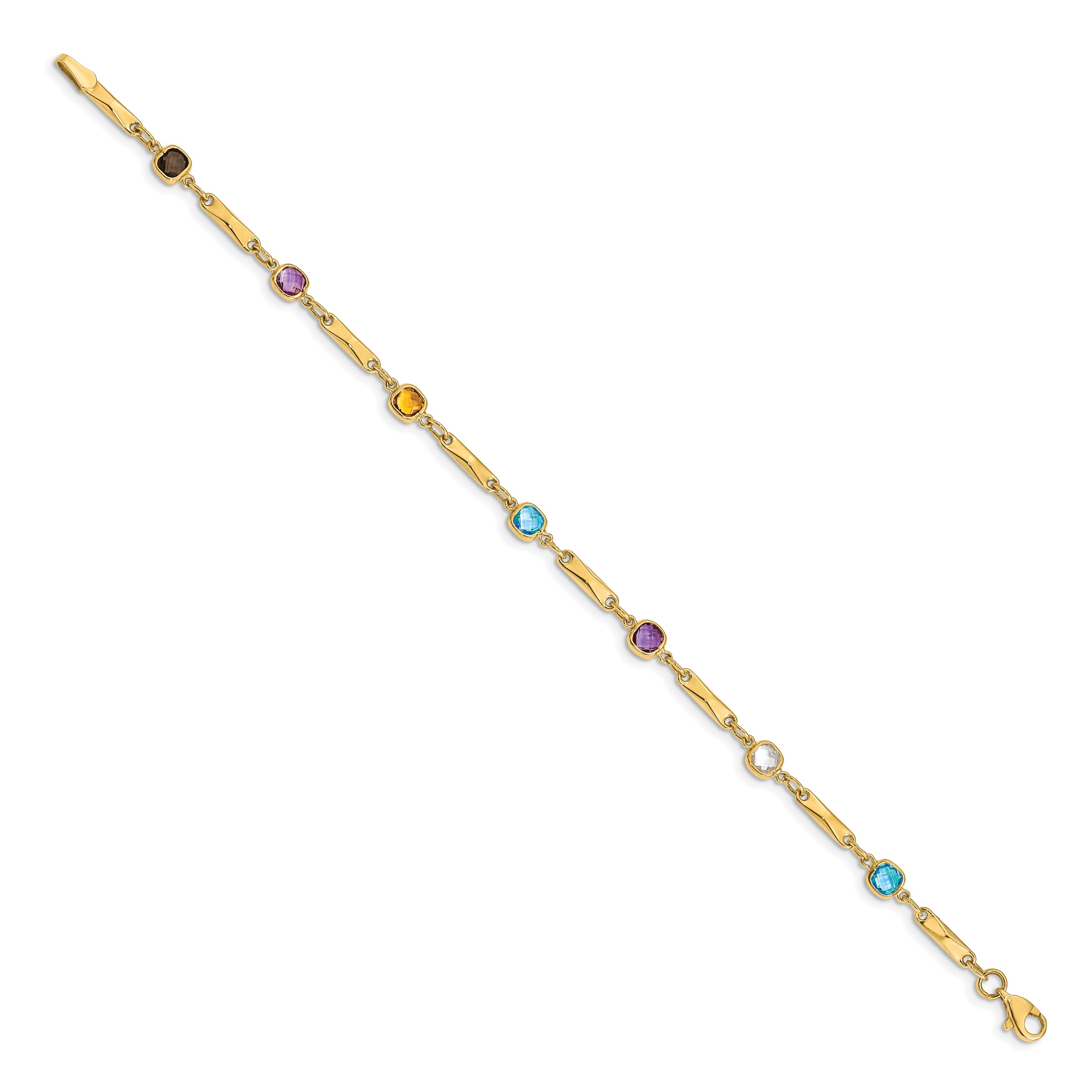 14K Gold Multi Gemstone Bracelet with Fancy Links and Polished Finish