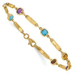 14K Gold Multi Gemstone Bracelet with Fancy Links and Polished Finish