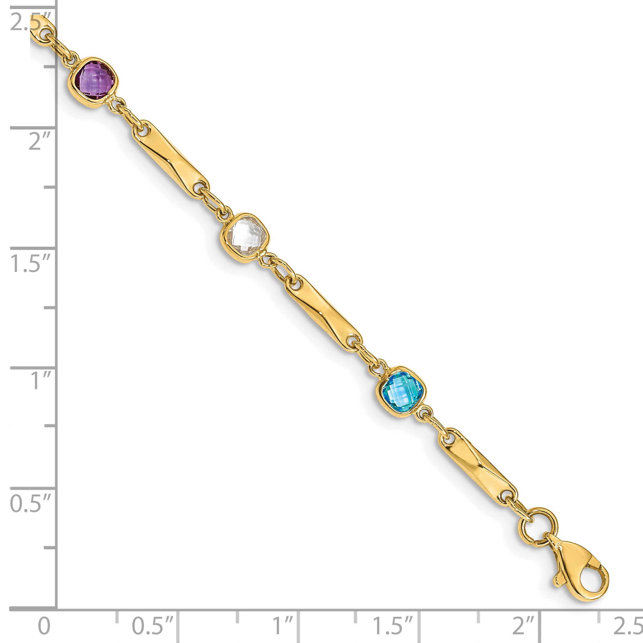 14K Gold Multi Gemstone Bracelet with Fancy Links and Polished Finish