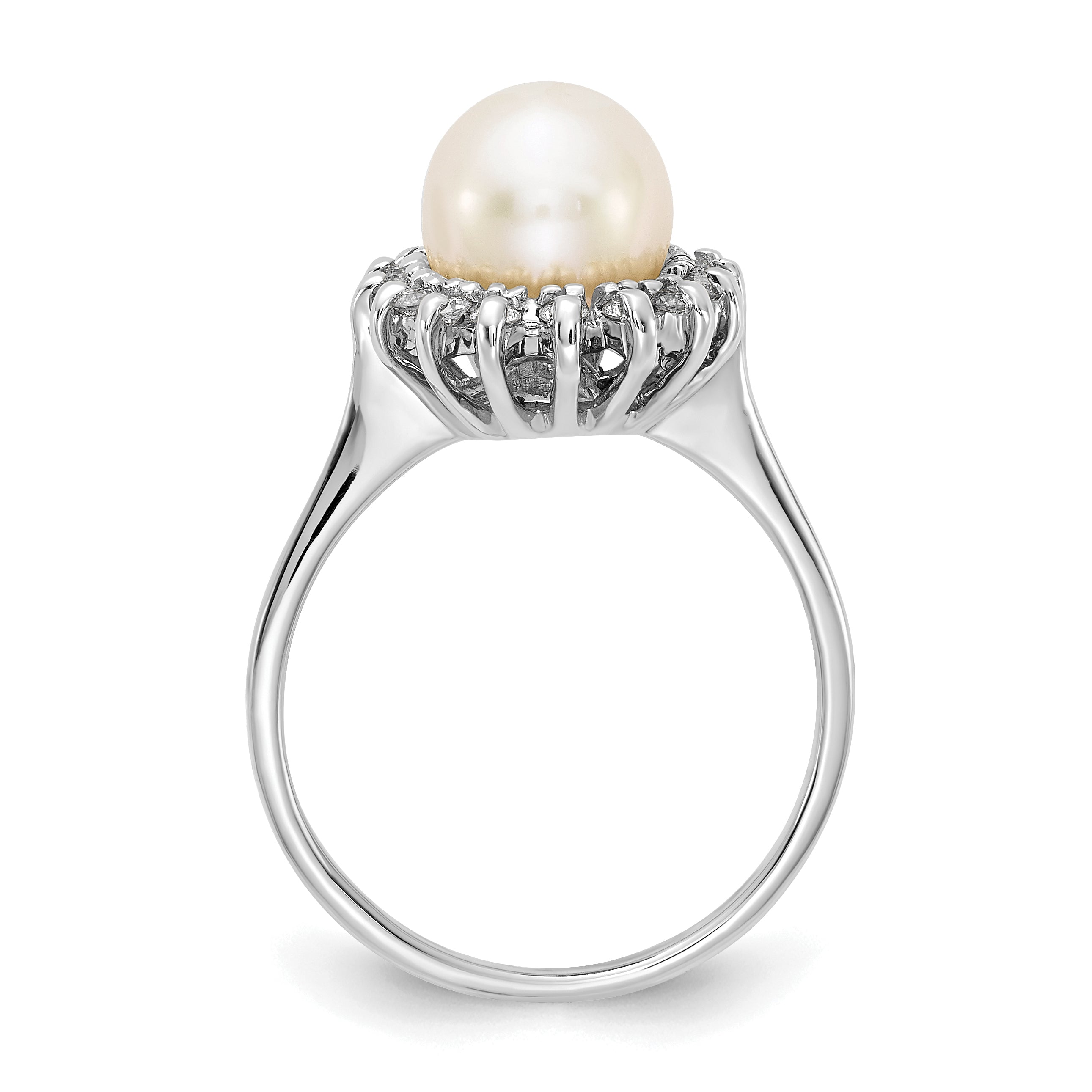 14k White Gold 7.5mm Fresh Water Cultured Pearl AA Diamond Ring